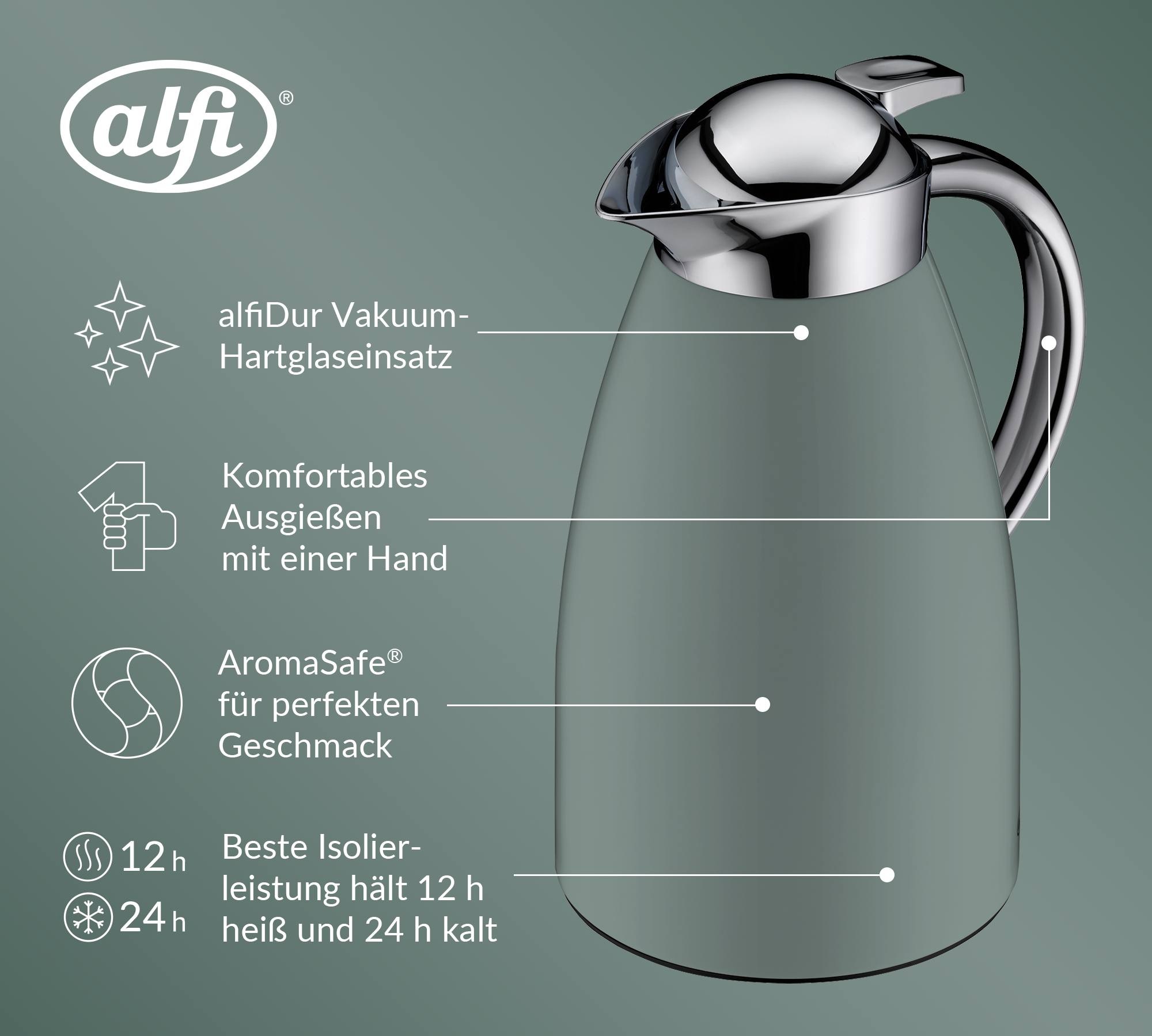 Alfi Isolierkanne »SIGNO, mit Hartglaseinsatz« 1 l 1 Stk. tlg. 12h heiß & 24 kalt, Drehverschluss mit bequemem Druckknopf