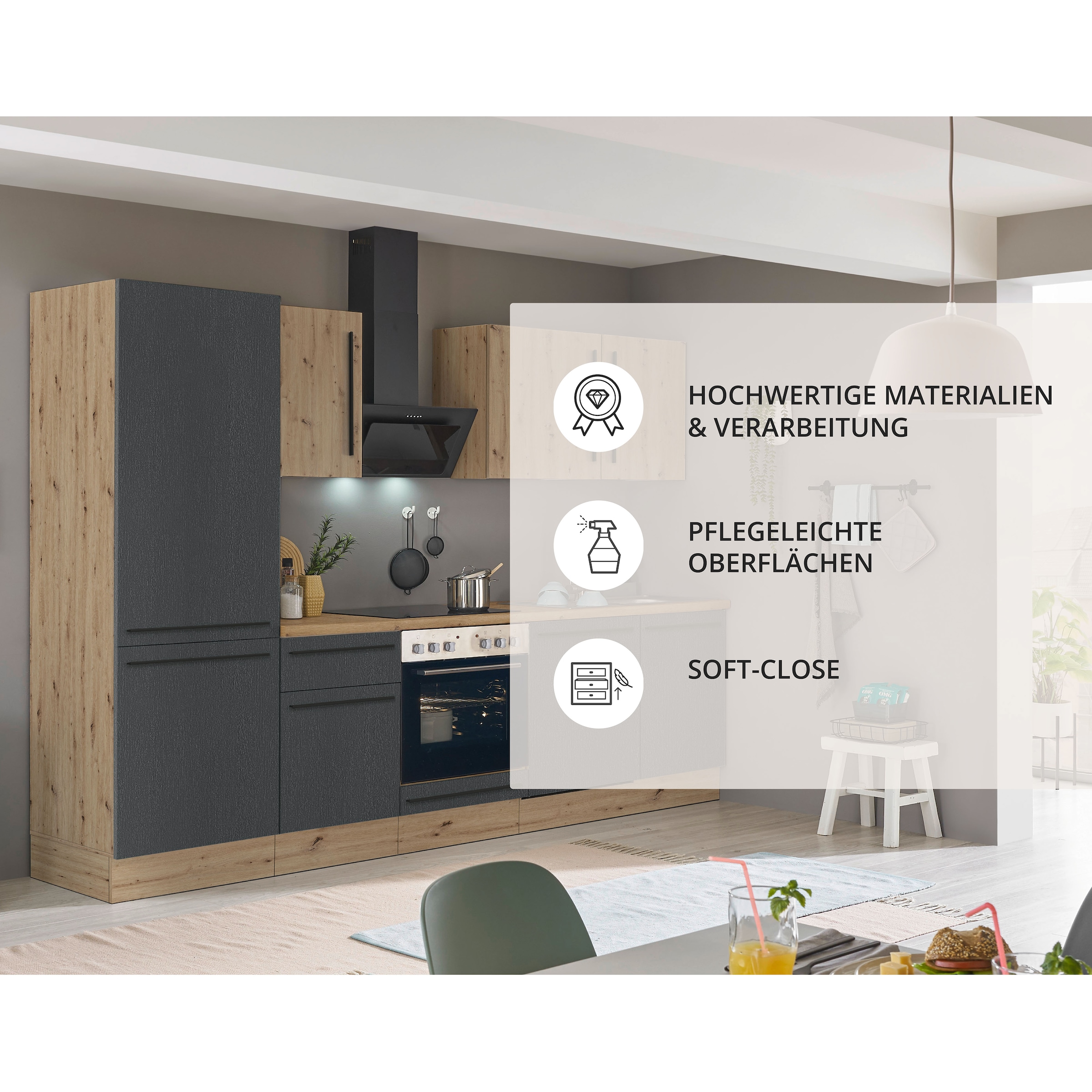 KOCHSTATION Küchenzeile »KS-Florida mit 38mm starker Arbeitsplatte« Breite 280 cm, wahlweise mit E-Geräten, Soft-Close-Funktion