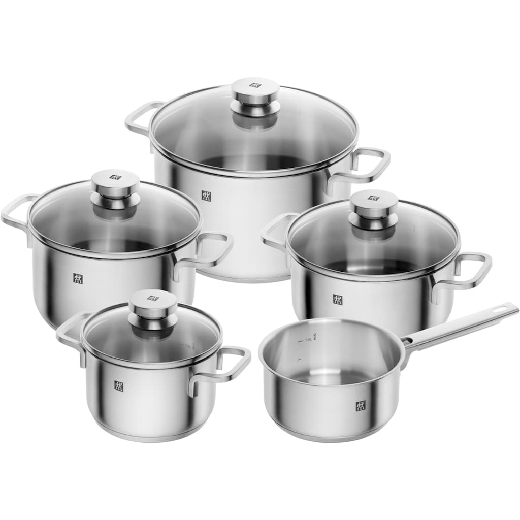 Zwilling Topf-Set »Focus«, Edelstahl 18/10, (Set, 9 tlg., je 1 Kochtopf 16/20/24 cm, Kasserolle 16 cm, Bratentopf 20 cm), Induktion