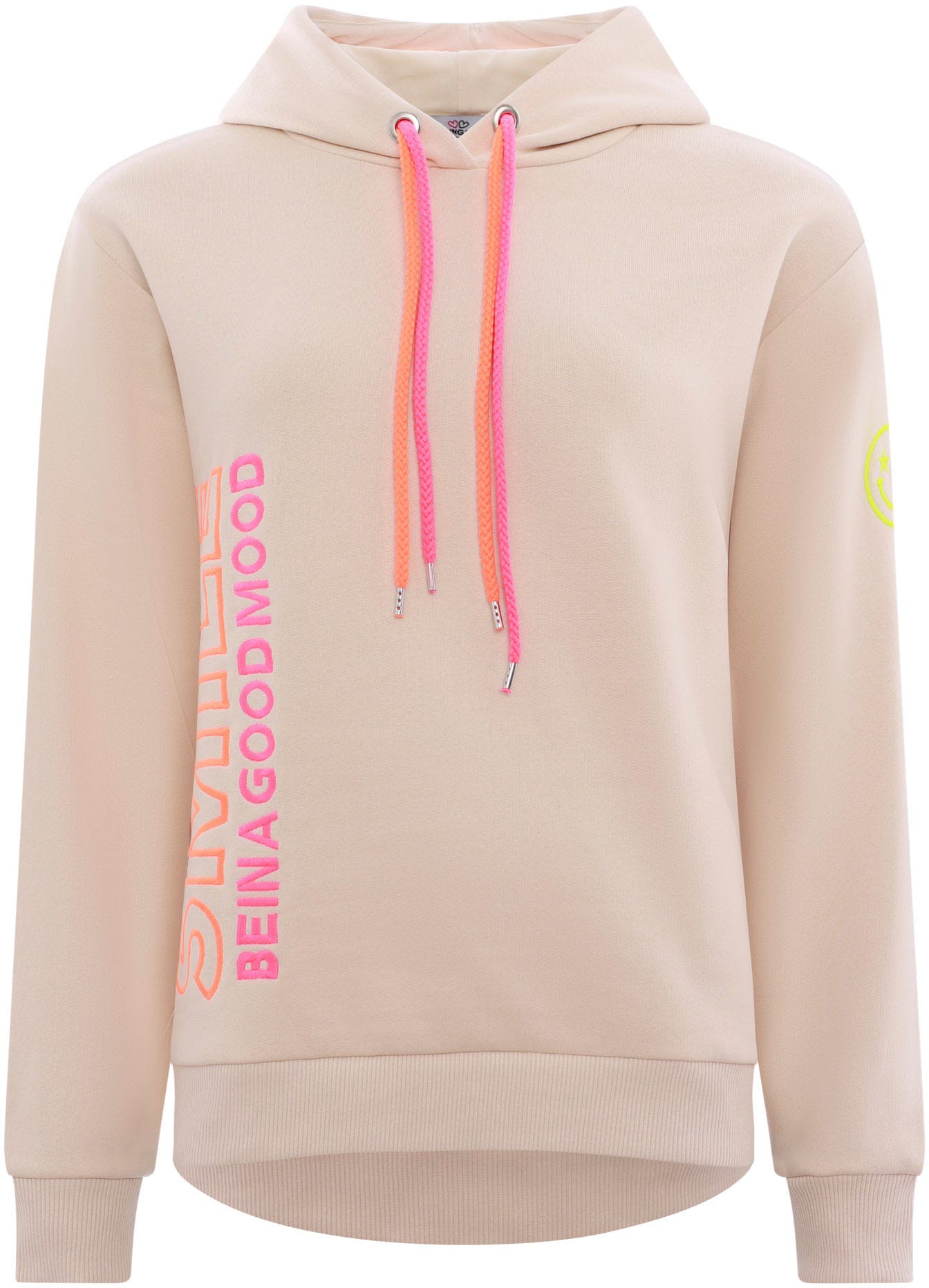 Zwillingsherz Sweatshirt, mit doppelten Kordeln und neonfarbenen aufgestickten Details