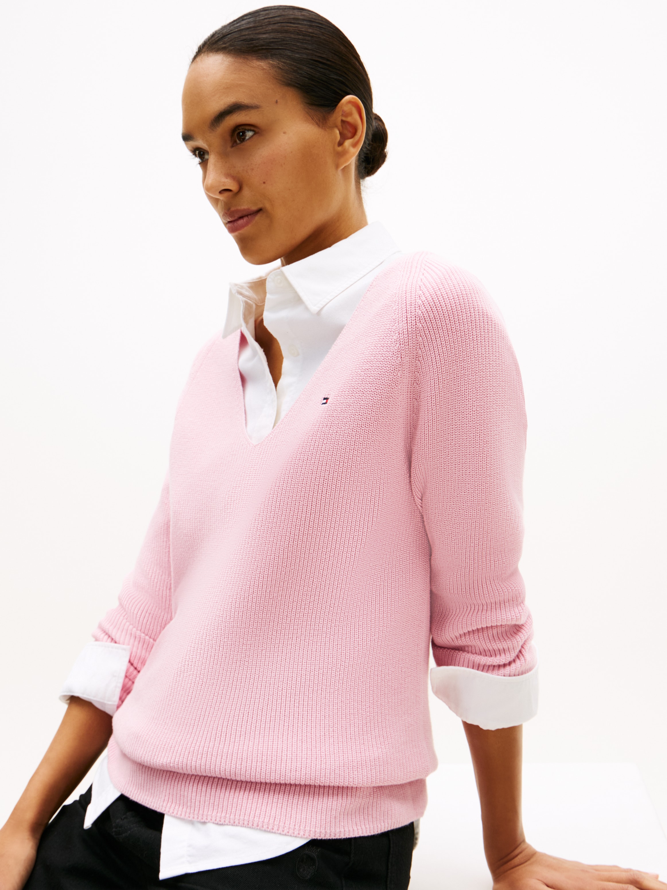 Tommy Hilfiger Strickpullover »CO CARDI STITCH V-NK LS« mit Logostickerei