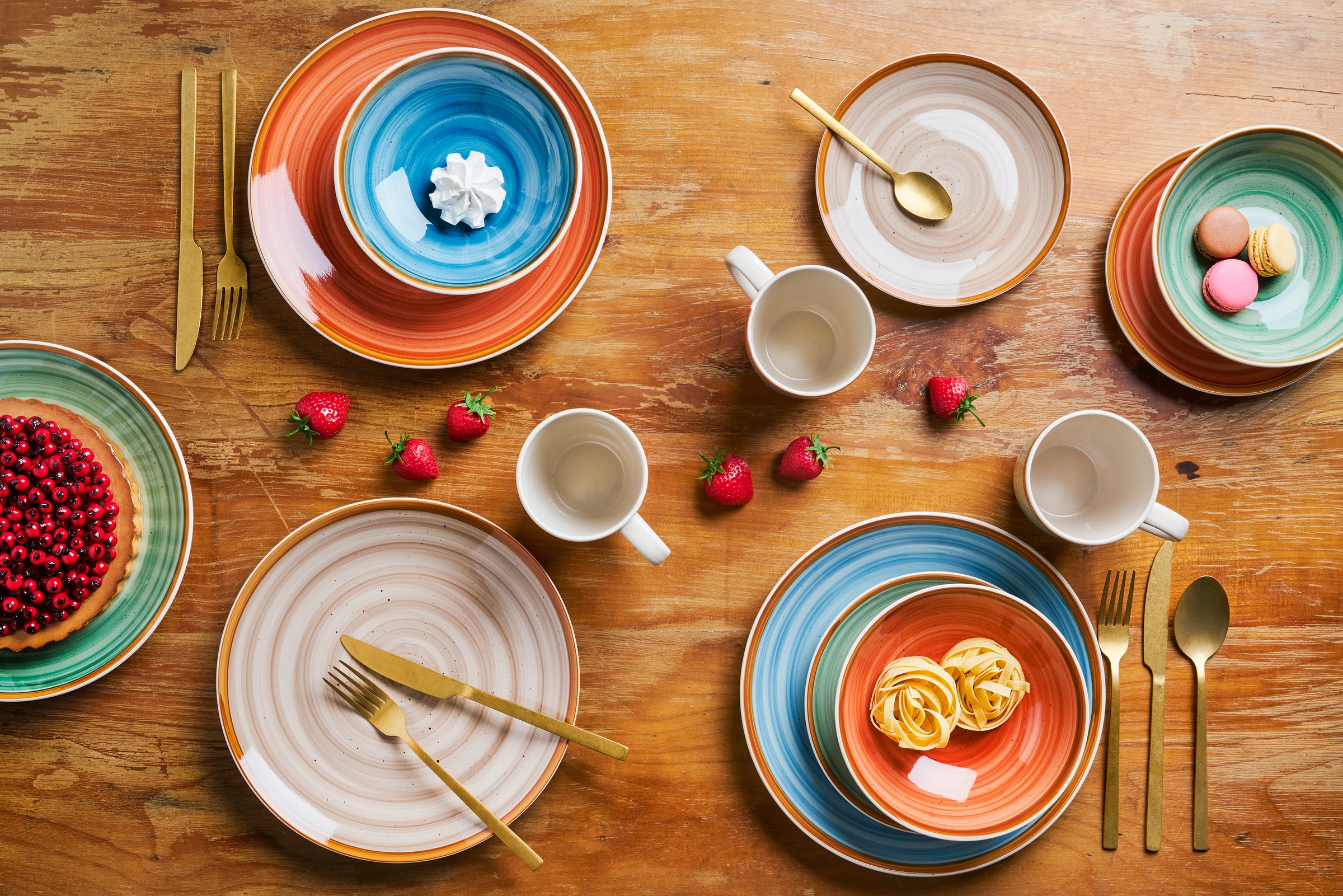 van Well Kombiservice »Geschirr-Set Magnifica, 16-teilig«, (Set, 16 tlg.), rund, orange/grün/blau/taupe, spülmaschinen- und mikrowellengeeignet
