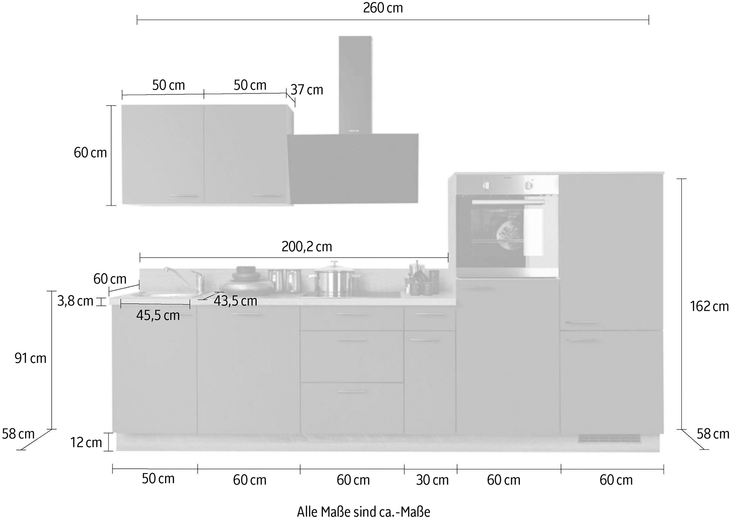 KOCHSTATION Küchenzeile »KS-Scafa, vormontiert, mit höhenverstellbaren Füßen«, vormontiert, wahlweise mit E-Geräten, mit Soft-Close, Breite 320 cm