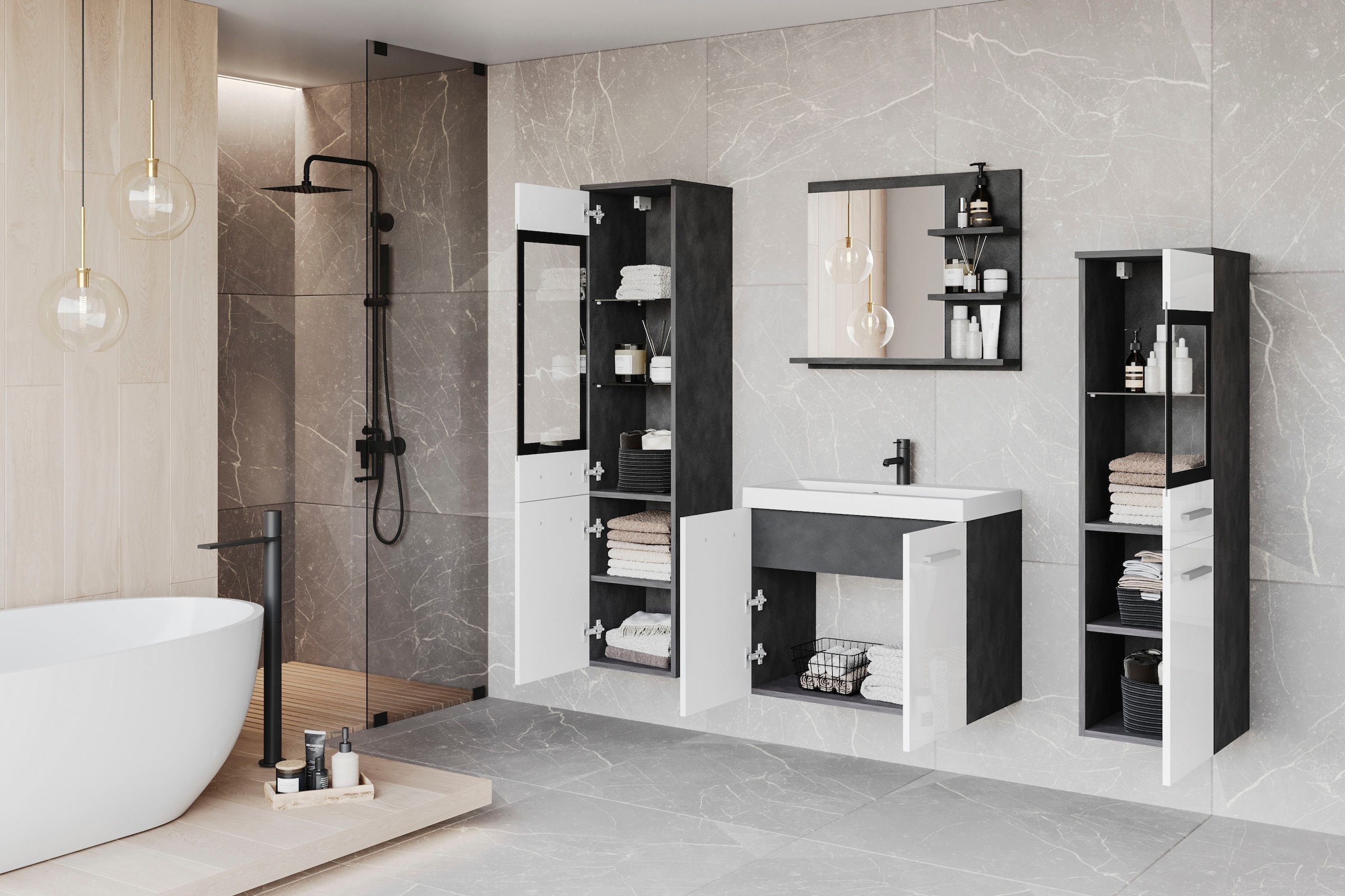 welltime Badmöbel-Set »MADRIT«, (Komplett-Set, 4 St., mit Waschbecken), Waschtisch inkl. Waschbecken, Badschrank, Hochschrank, Spiegel