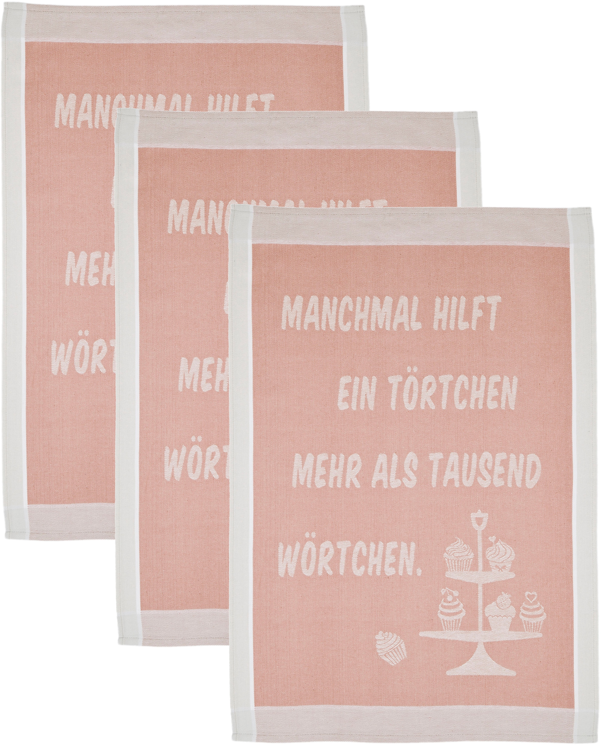 ROSS Geschirrtuch »Manchmal hilft ein Törtchen mehr als tausend Wörtchen«, (Set, 3 tlg.), Sprüchetuch, aus 100% Baumwolle