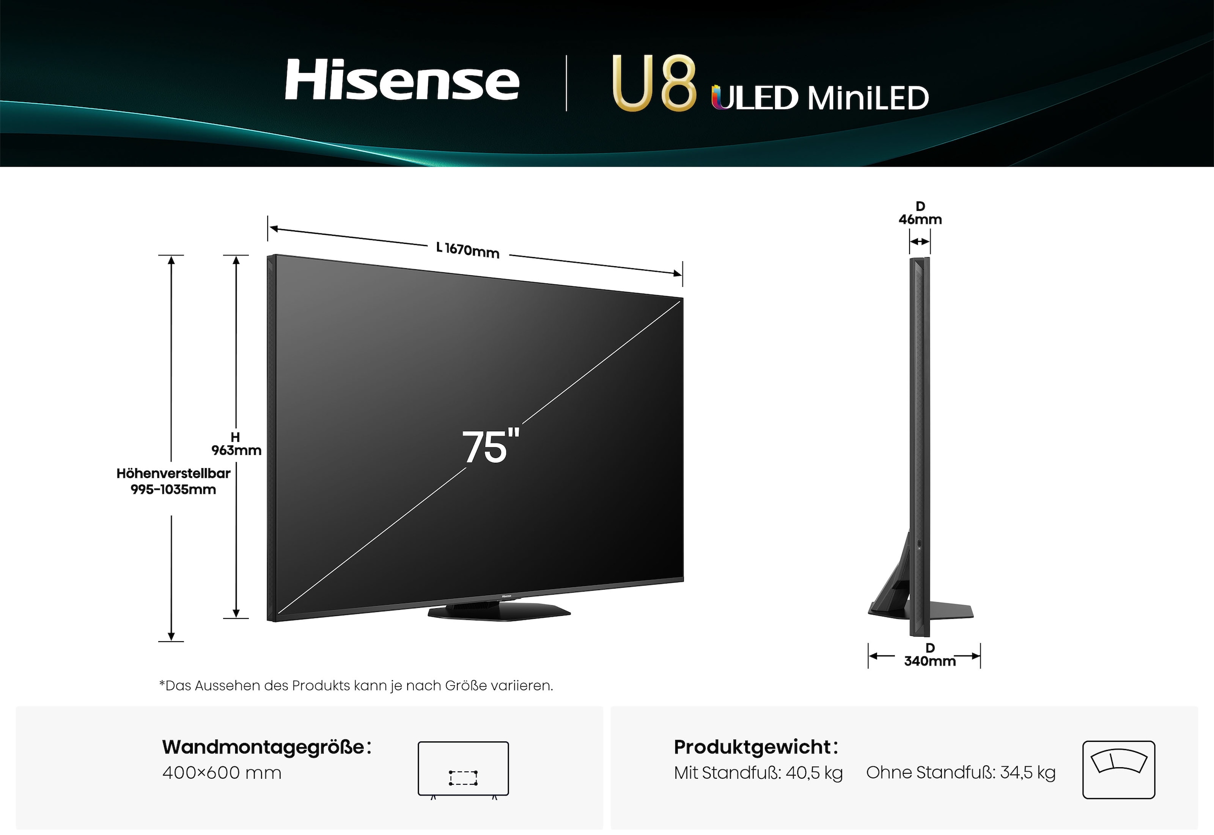 Hisense QLED Mini LED-Fernseher »75U8Q« 189 cm/75 ″ Smart-TV 4K UHD MiniLED Smart TV