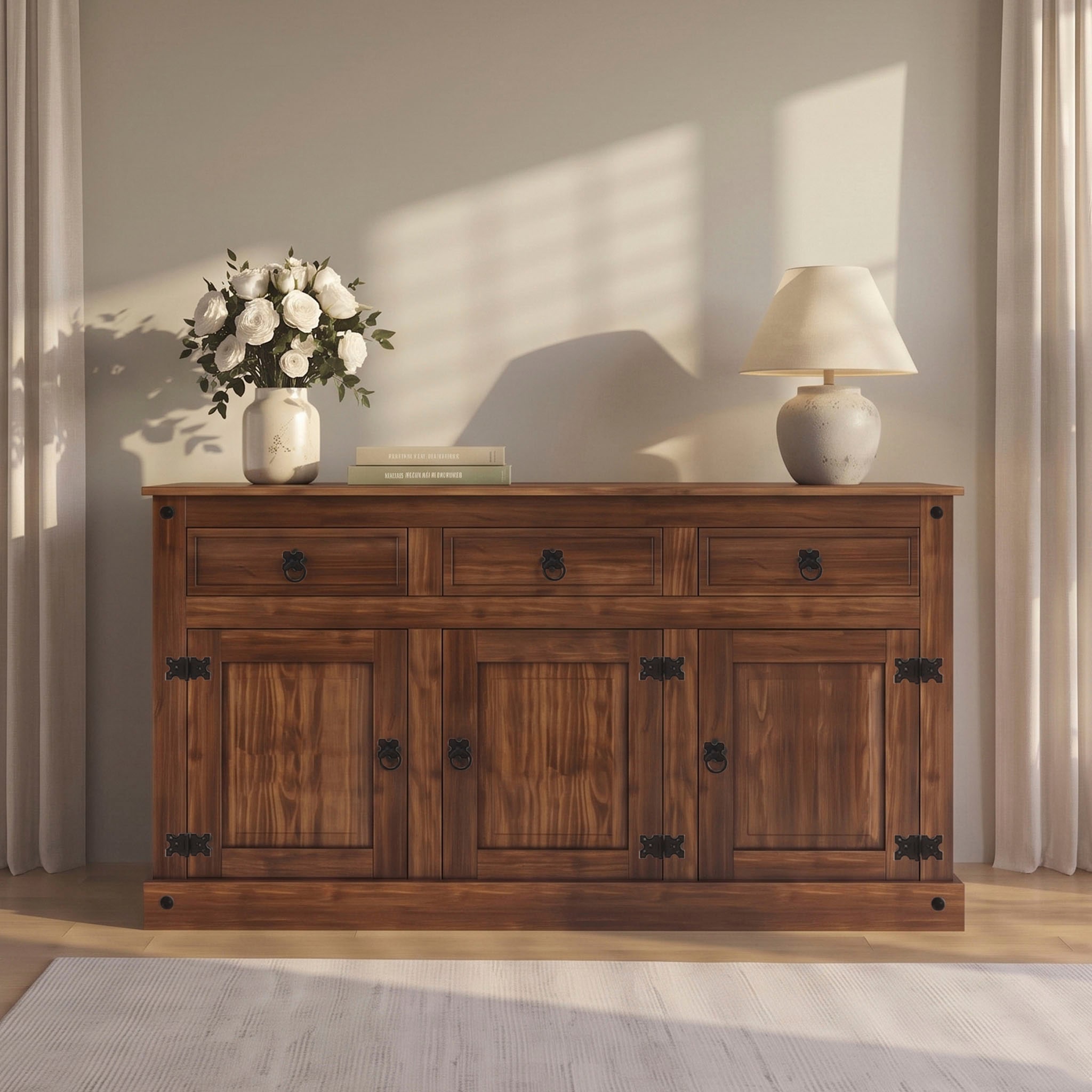 OTTO home Sideboard »Mexiko Kommode mit 3 Türen und 3 Schubladen mit Ringgriffen aus Metall« Kommode aus massivem Kiefernholz, Breite 151 cm
