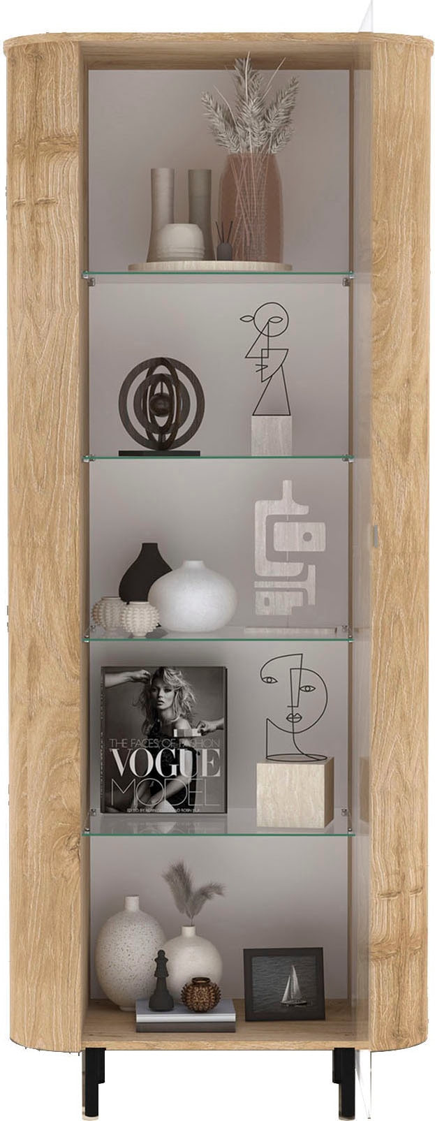 Home affaire Vitrine »Murano, Standvitrine H 200 cm, B 80 cm, 1 Tür, Vitrinenschrank« Formgebogenes MDF, Stirnseiten mit Rundung, Metallfüße, stilvoll