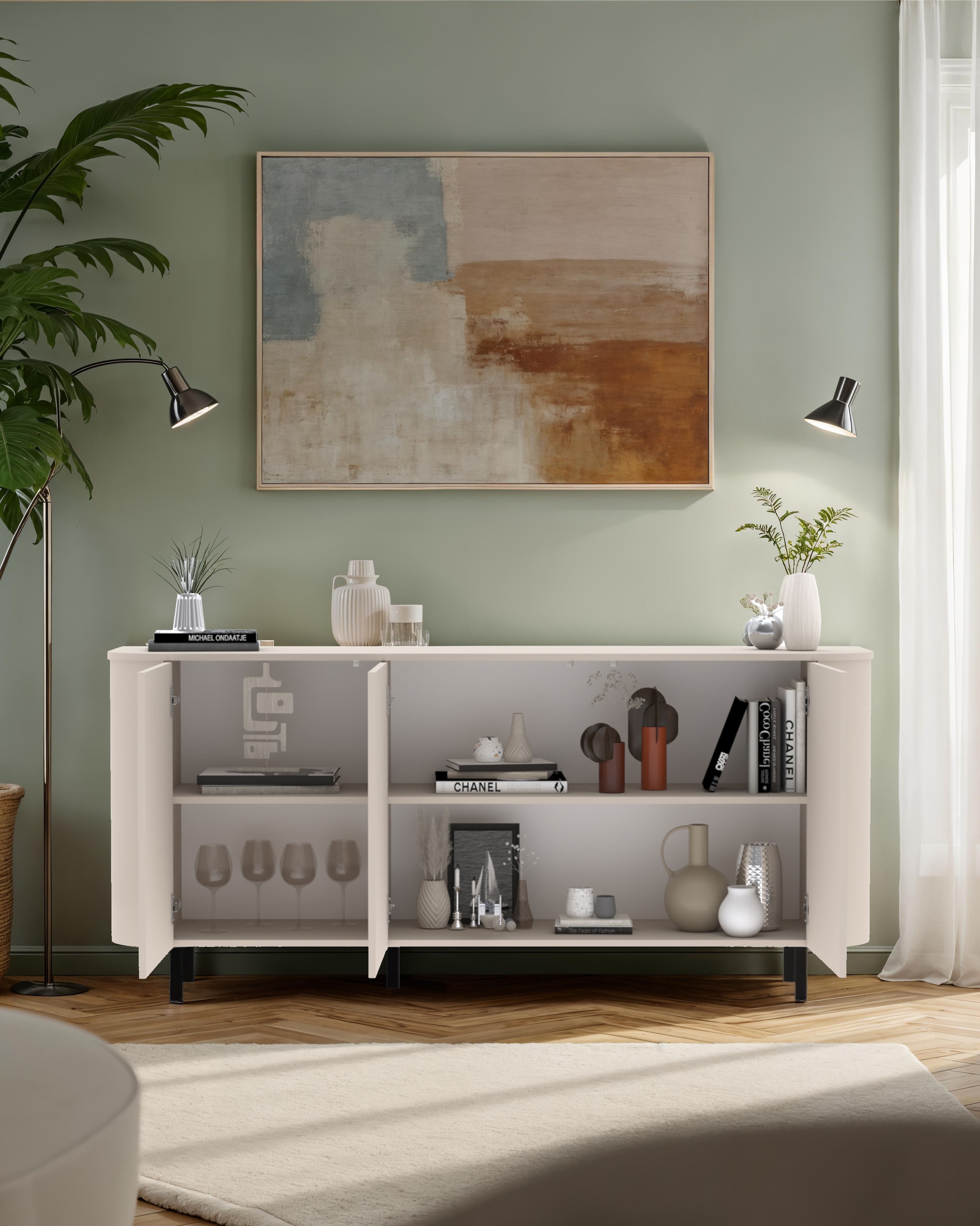 INOSIGN Sideboard »Lido, 181 cm breit, 3 Türen, Anrichte, Kommode, Stauraumschrank« Formgebogenes MDF, Stirnseiten mit Rundung, Push-to-open, Metallfüße