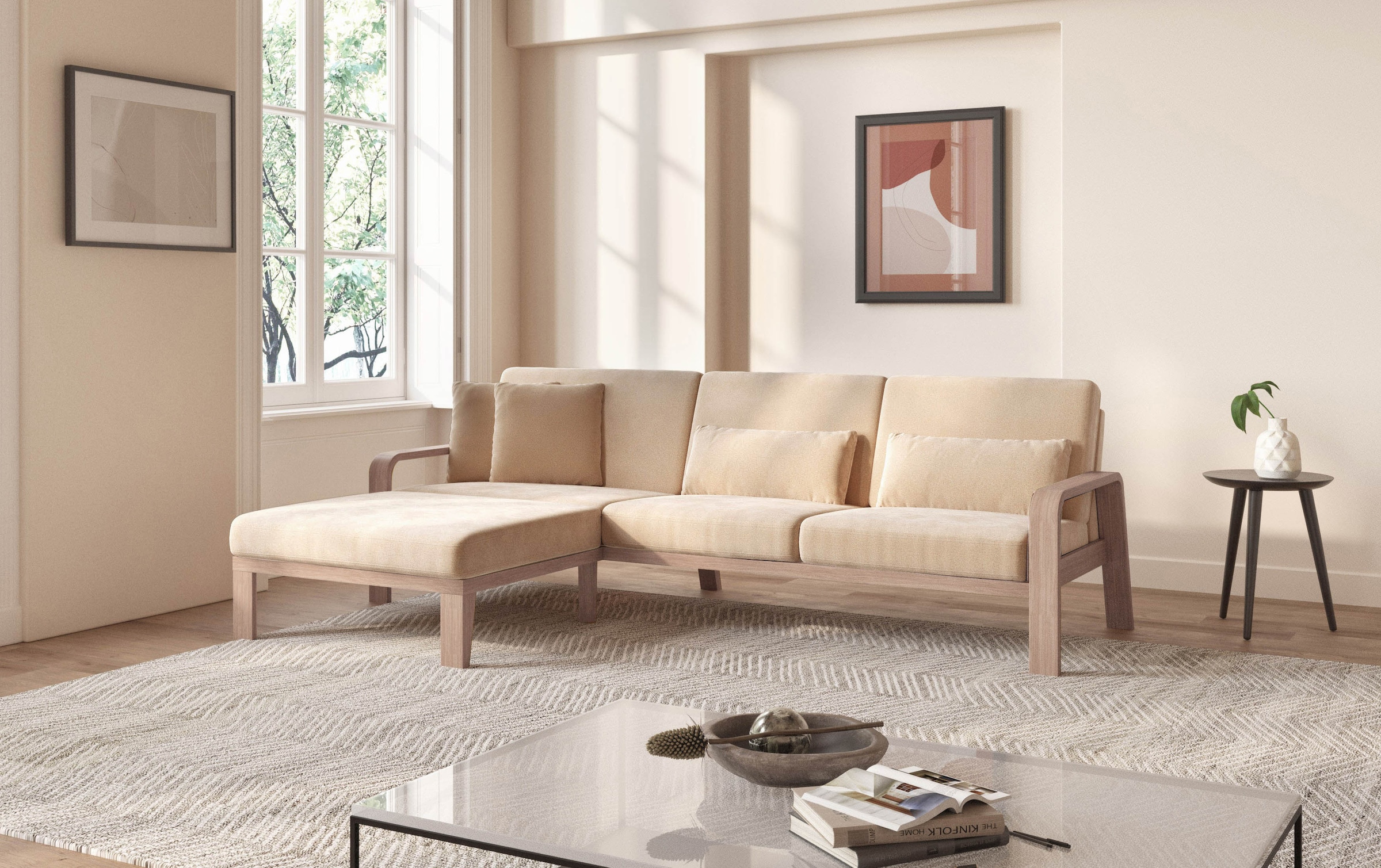 sit&more Ecksofa »Kolding L-Form«, Armlehnen aus Buchenholz in natur, verschiedene Bezüge und Farben