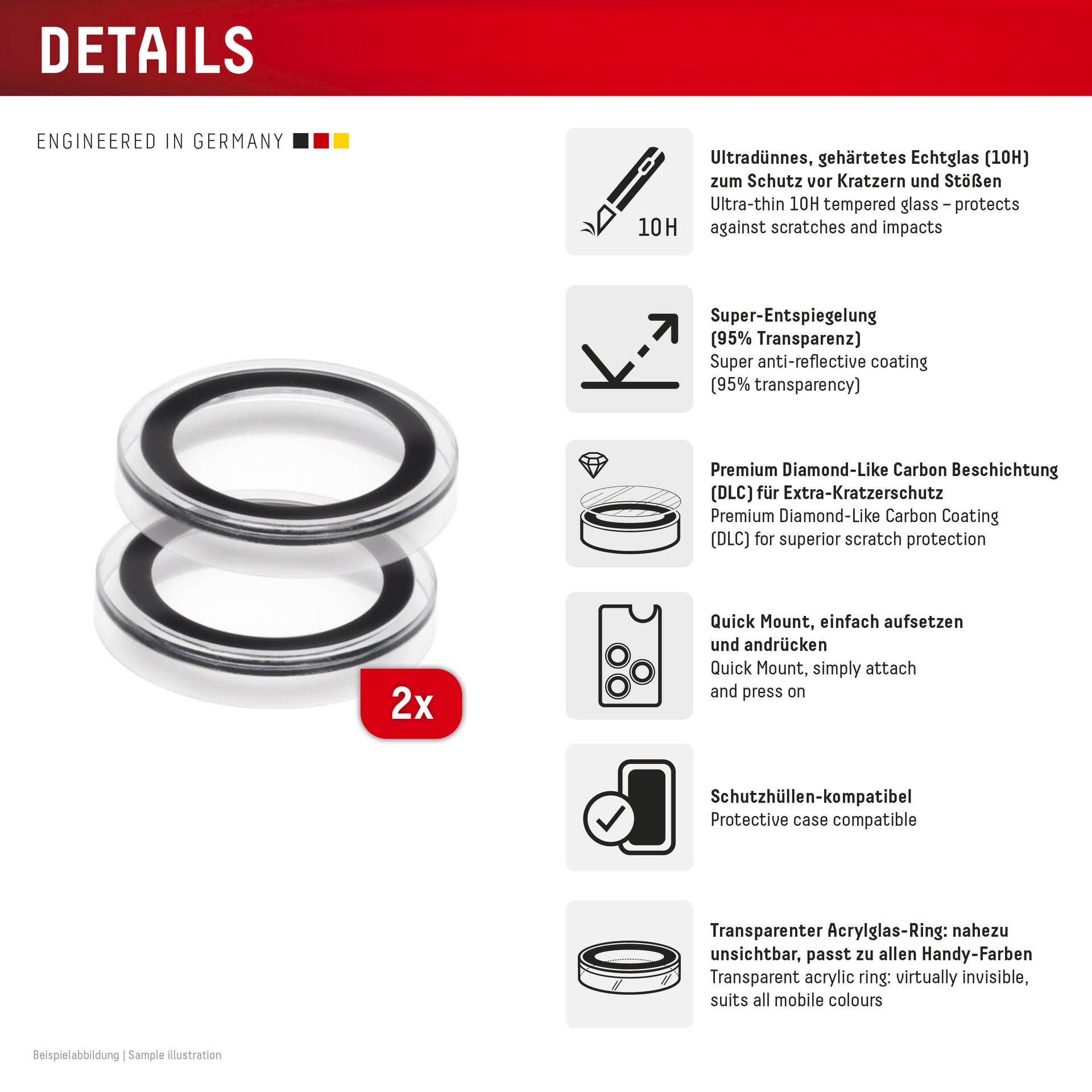 Displex Kameraschutzglas »Camera Lens Glass Single Glass Ring Protector« für Apple iPhone 16e Packung, 2x Einzellinsen-Schutzringe,  Objektivschutz, Kameraschutz, kratz- & stoßfest