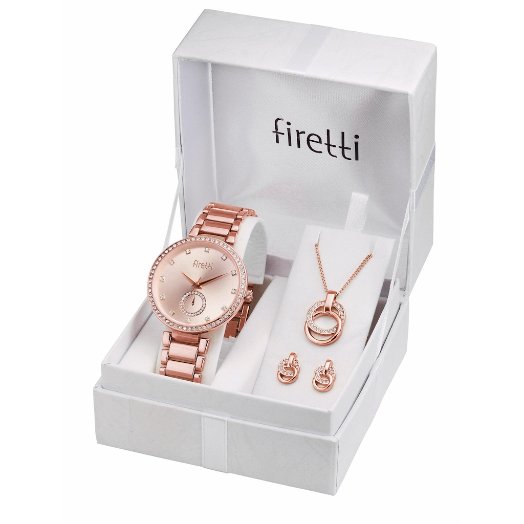 Firetti Quarzuhr, (Set, 4 tlg., inkl. Ohrstecker und Kette mit Anhänger), Armbanduhr, Damenuhr, Glassteine, ideal auch als Geschenk