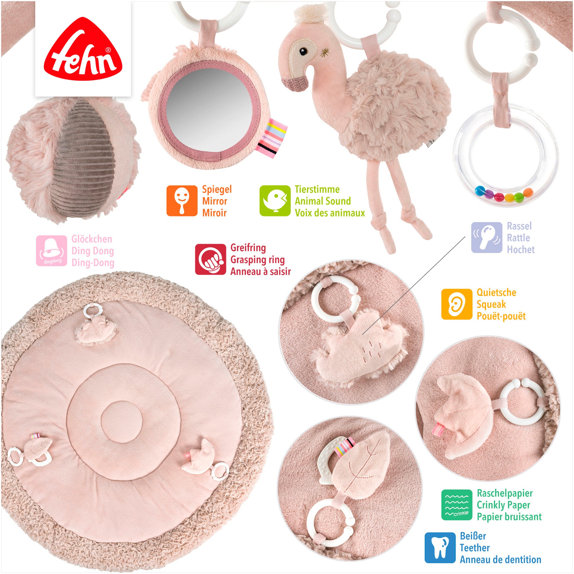 Fehn Spielbogen »Lazy, Crazy & Pink, Flamingo, 3-D-Activity-Decke«, mit 5 abnehmbaren Spielzeugen