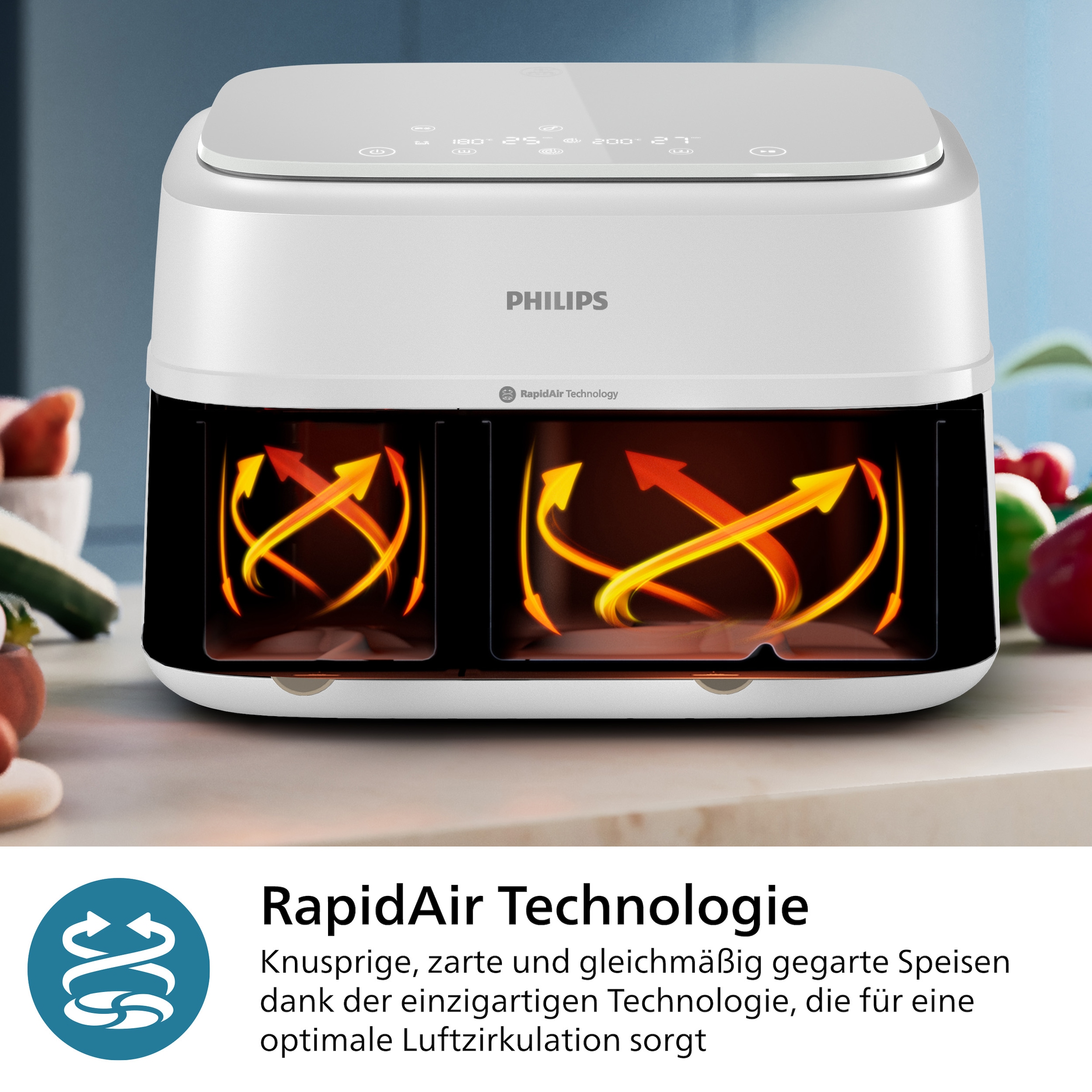 Philips Heißluftfritteuse »Airfryer 3000 Dual Basket NA353/10, zwei Körbe mit 9L (3L+6L)«, 2750 W, RapidAir Technologie und 12 Kochfunktionen; Weiß/Champagner