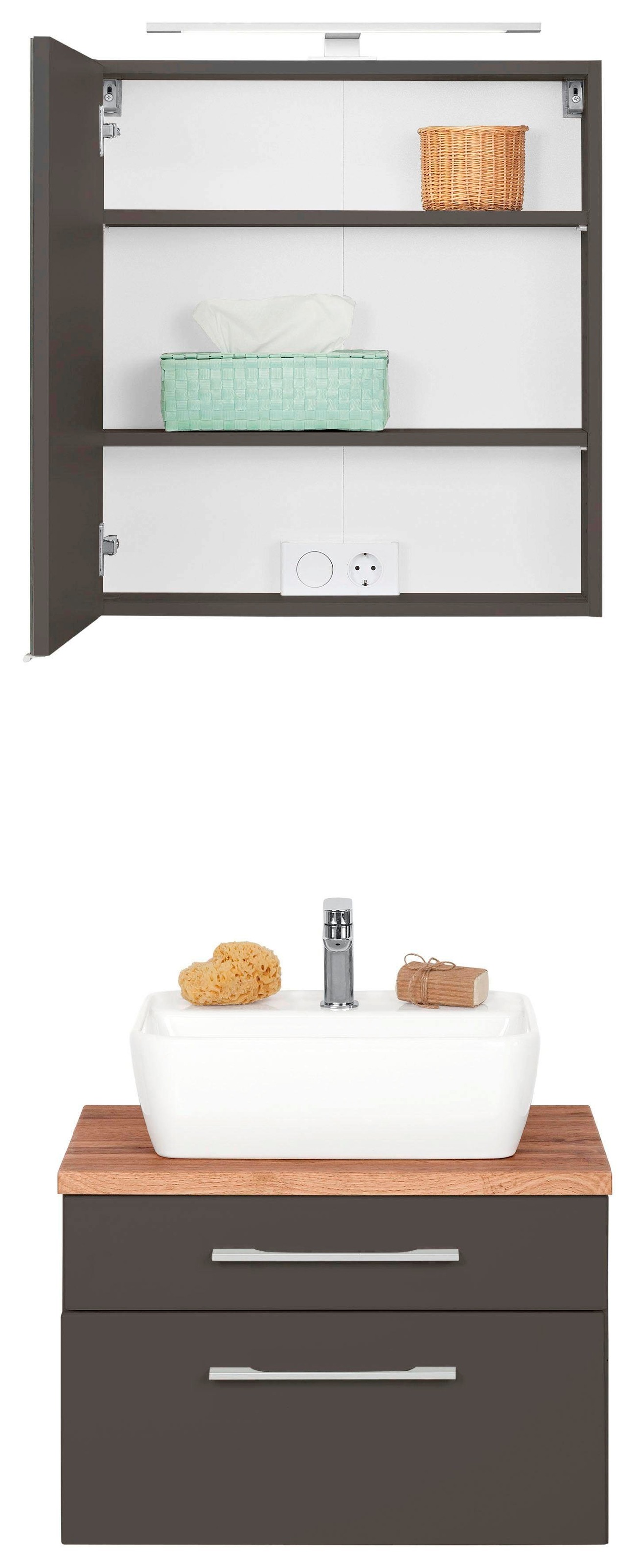 »Davos«, Waschbecken Spiegelschrank St.), mit MÖBEL HELD (2 Raten Badmöbel-Set rechteckigem 60 bestellen Breite auf cm,