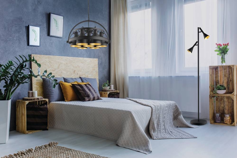EGLO Stehlampe »CORTADERAS«, 2 flammig, Leuchtmittel GU10 | LED wechselbar, Stehleuchte aus Stahl in Schwarz, Gold, Lampe mit Tritt-Schalter, GU10