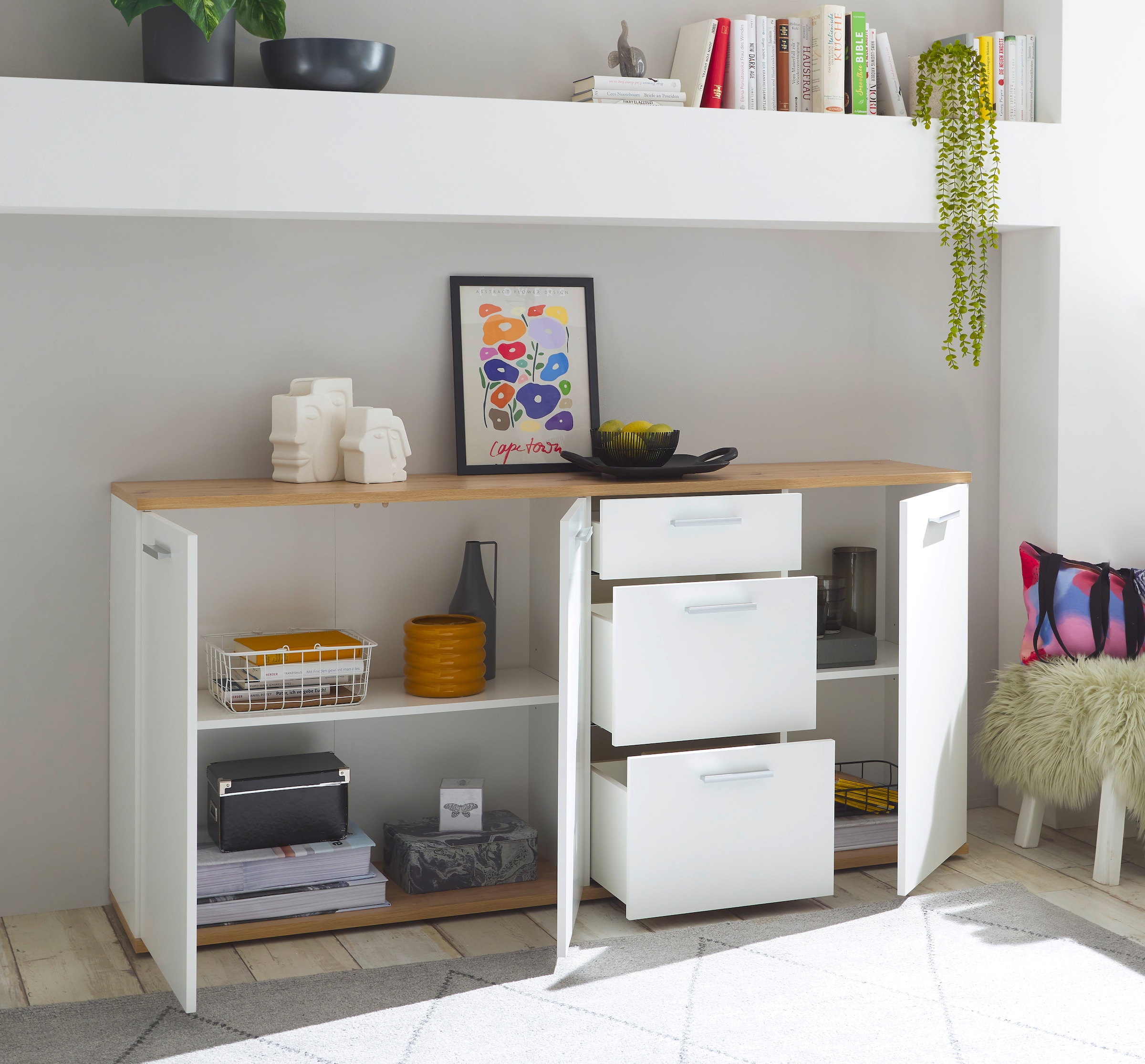 HBZ Kommode »BC1035 weiß matt, BxHxT 180x86x38 cm«, Sideboard mit 3 Türen, 3 Schubkästen, 2 Einlegeböden
