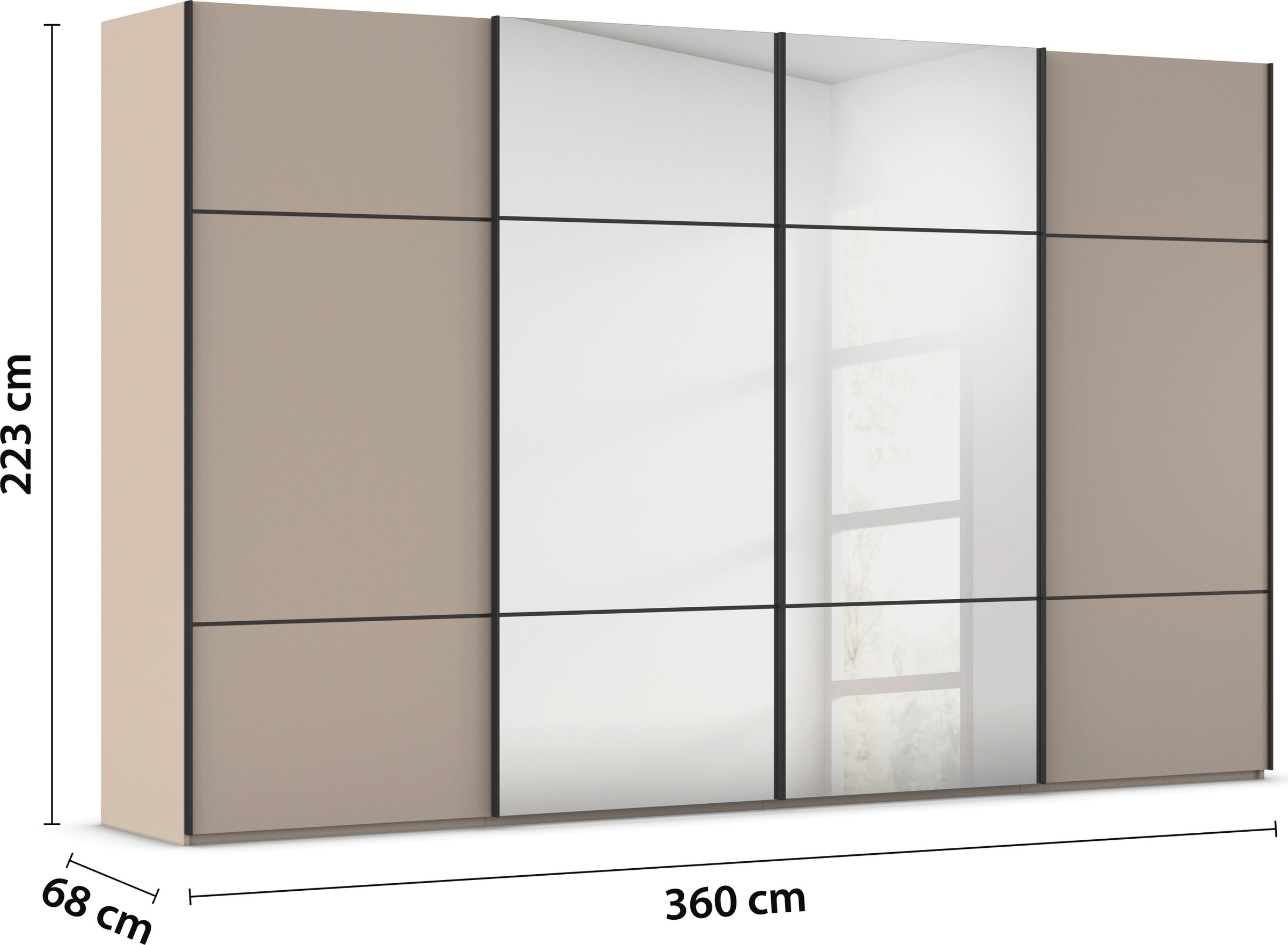 rauch Schwebetürenschrank »Kleiderschrank Schrank Garderobe Schlafzimmerschrank SCALE-TRIO«, edle dreigeteilte Front mit 2 Zierleisten und Spiegel MADE IN GERMANY