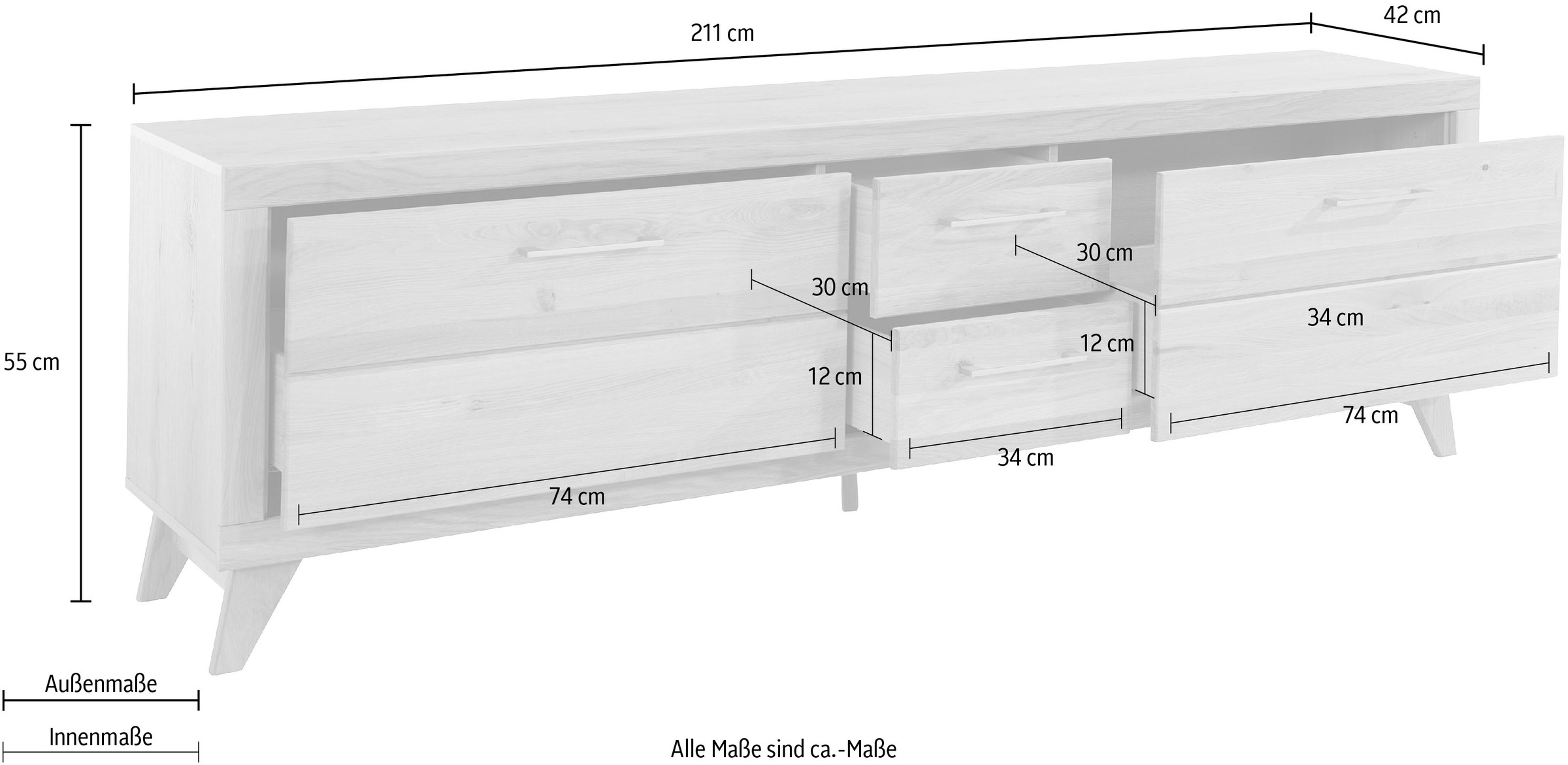 VOGL Möbelfabrik Lowboard »1237«, Massivholzfront, Breite ca. 211 cm, mit Softclose Funktion