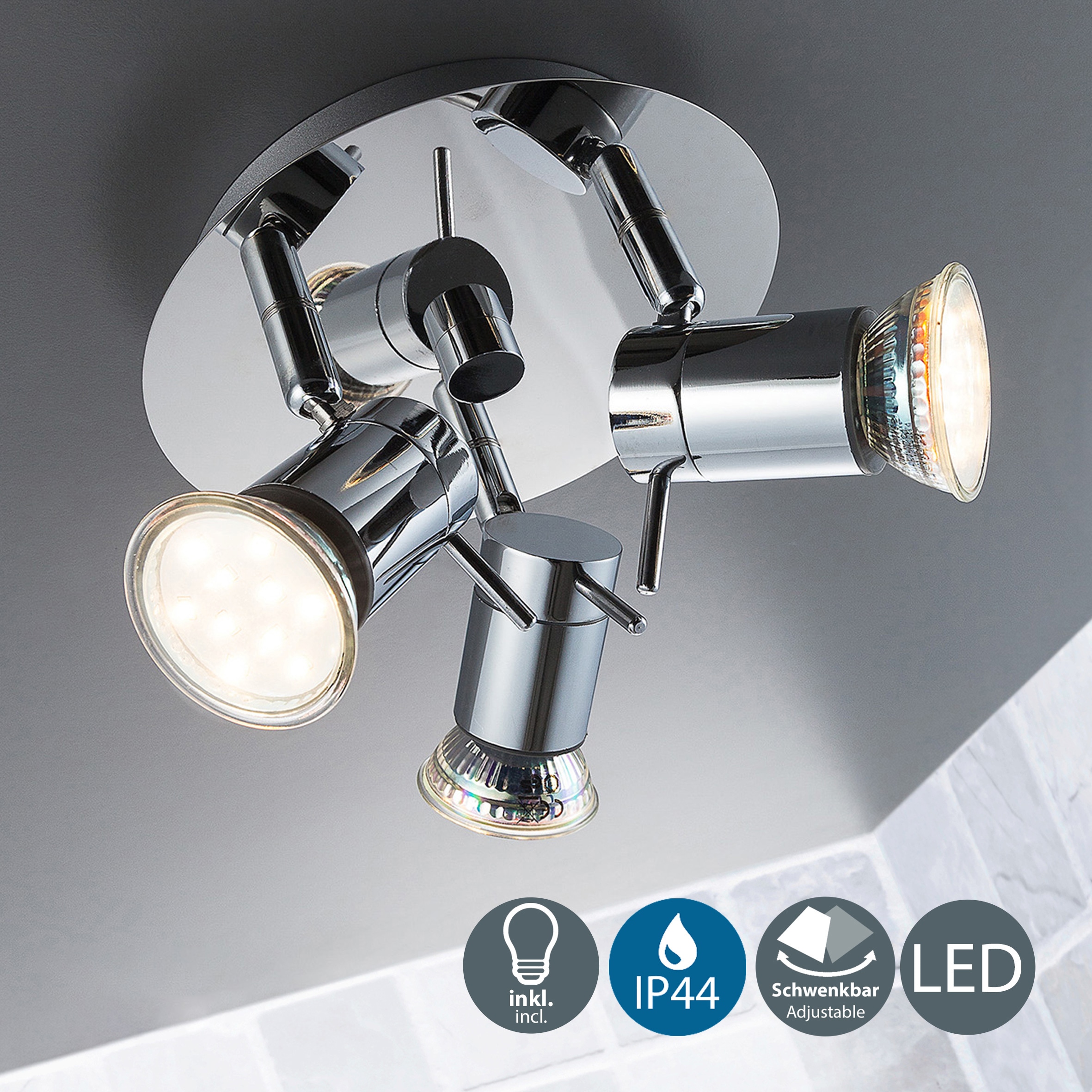 B.K.Licht LED Deckenleuchte, 3 LED, IP44, flammig-flammig, inkl. auf bestellen 3W Badezimmer, drehbar, Deckenlampe, Chrom, Rechnung 250lm