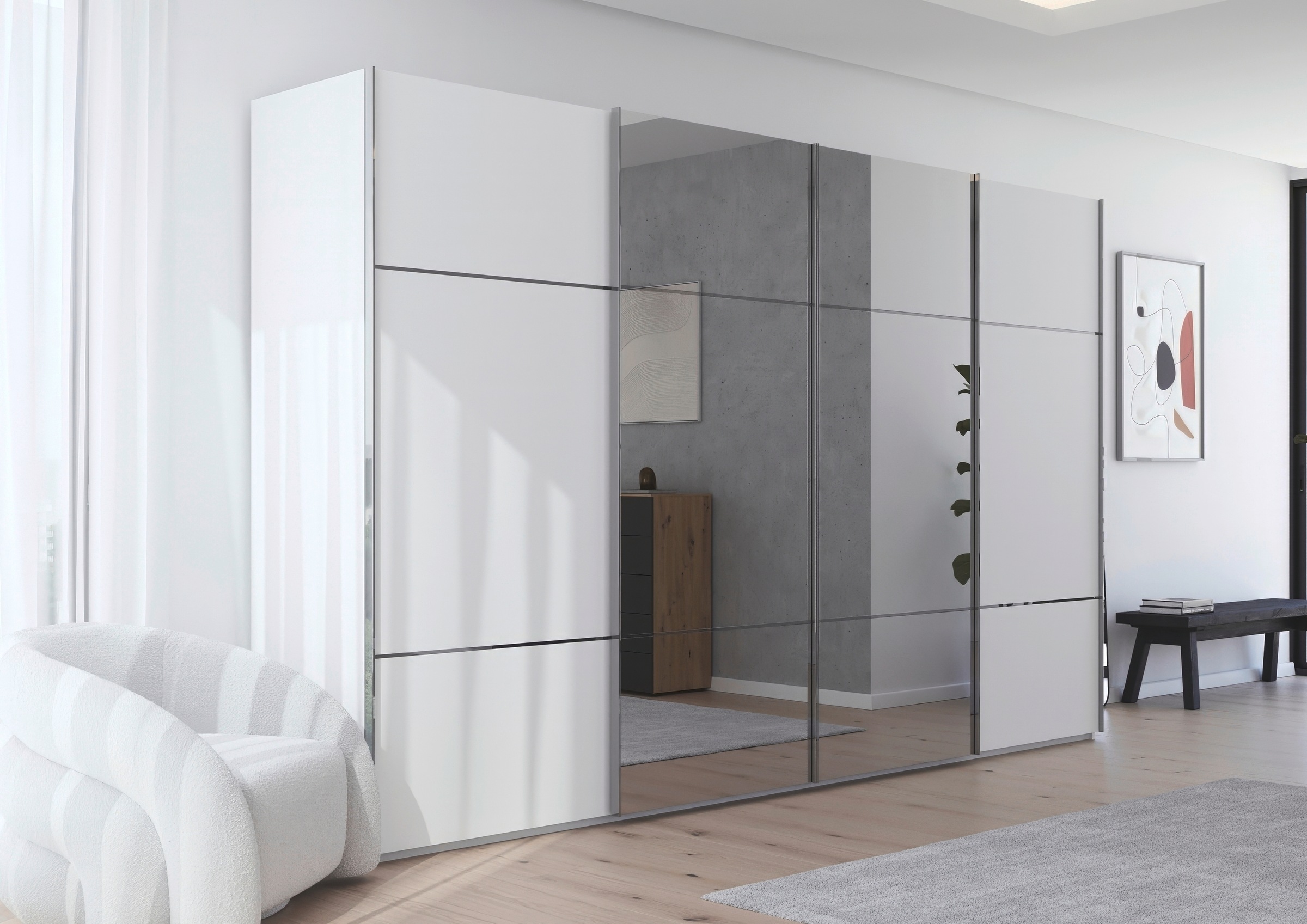 rauch Schwebetürenschrank »Kleiderschrank Schrank Garderobe Schlafzimmerschrank SCALE-TRIO«, edle dreigeteilte Front mit 2 Zierleisten Spiegel/Glas MADE IN GERMANY