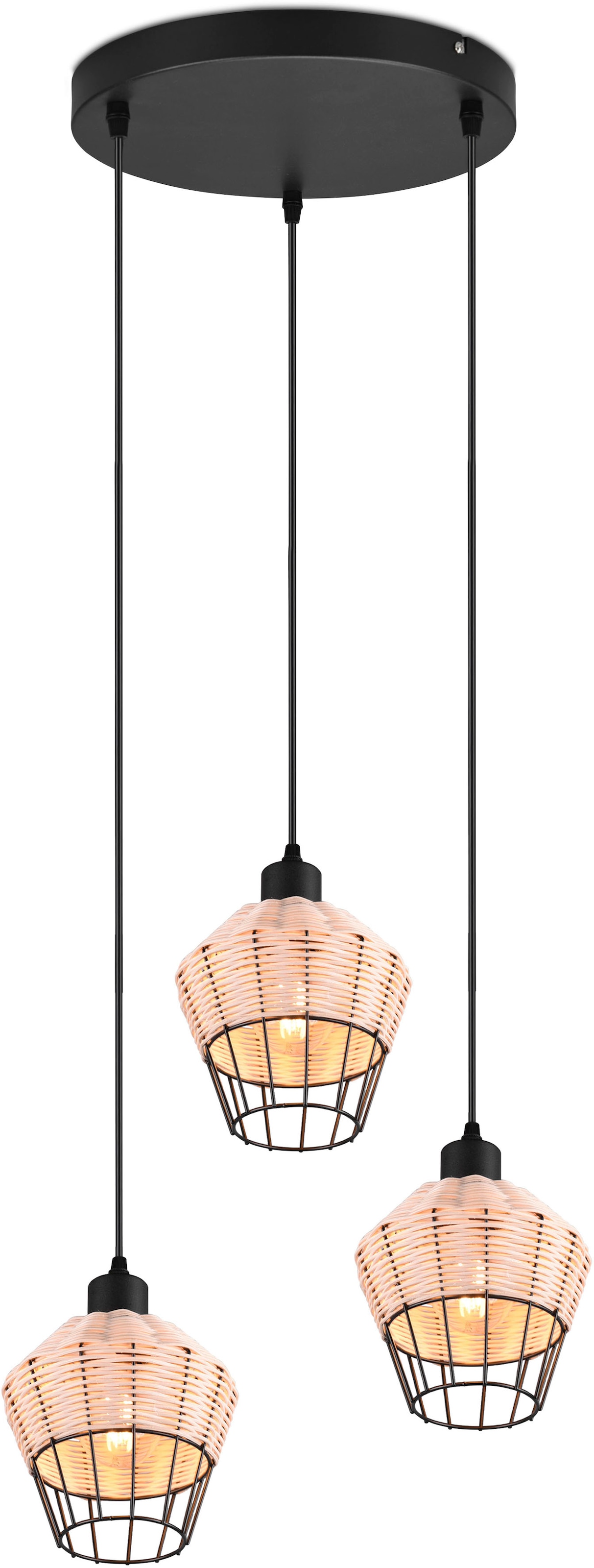 REALITY Leuchten Pendelleuchte »Borka«, 3 flammig, Leuchtmittel E27 | ohne Leuchtmittel, Boho Hängelampe aus Rattan 3-flammig exkl E27 max 40W höhenverstellbar