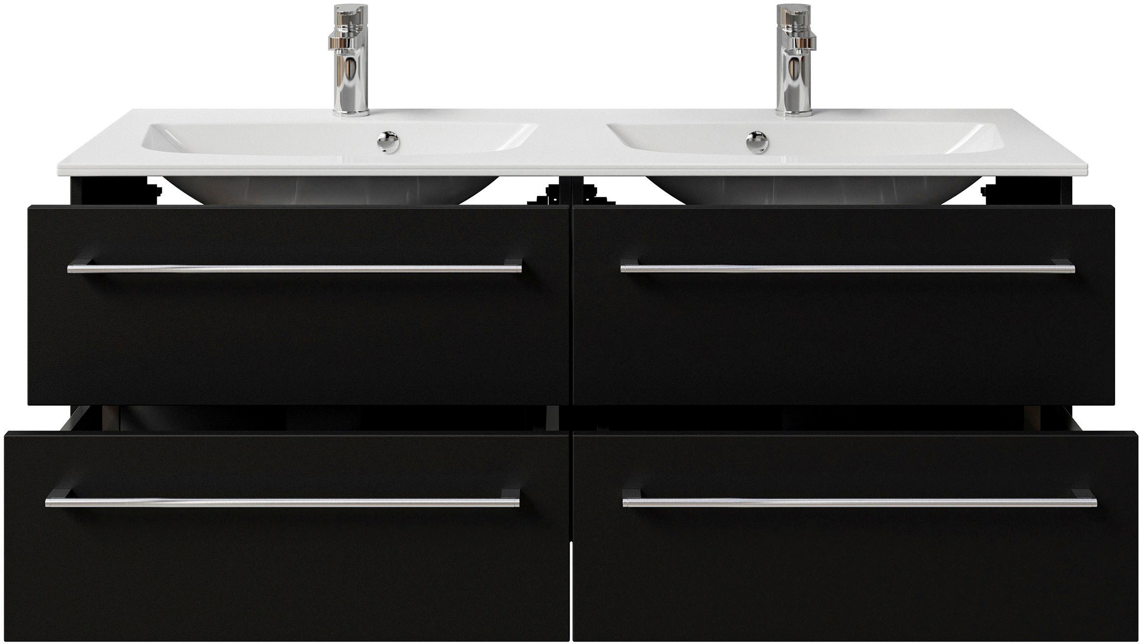 Saphir Badmöbel-Set »Serie 6025 2-teilig Mineralmarmor-Waschtisch mit LED-Spiegelschrank«, (2 St.), Waschplatz 132cm breit, 4 Schubladen, 2 Spiegel-Türen, inkl Türdämpfer