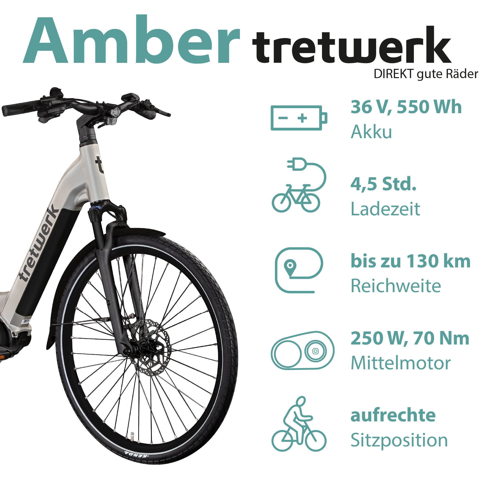 Tretwerk E-Bike »Amber«, 8 Gang, Shimano, Acera M3020 SGS, Mittelmotor 250 W, E Bike Damen 28" Elektrofahrrad 155 - 185cm Hollandrad