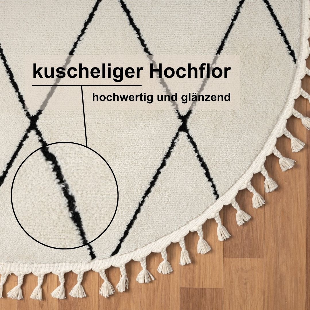 Myflair Möbel & Accessoires Hochflor-Teppich »Moroccan Diamond«, rund, 24 mm Höhe, modern, marokkanisches Design, Rauten Muster, weich, mit Fransen
