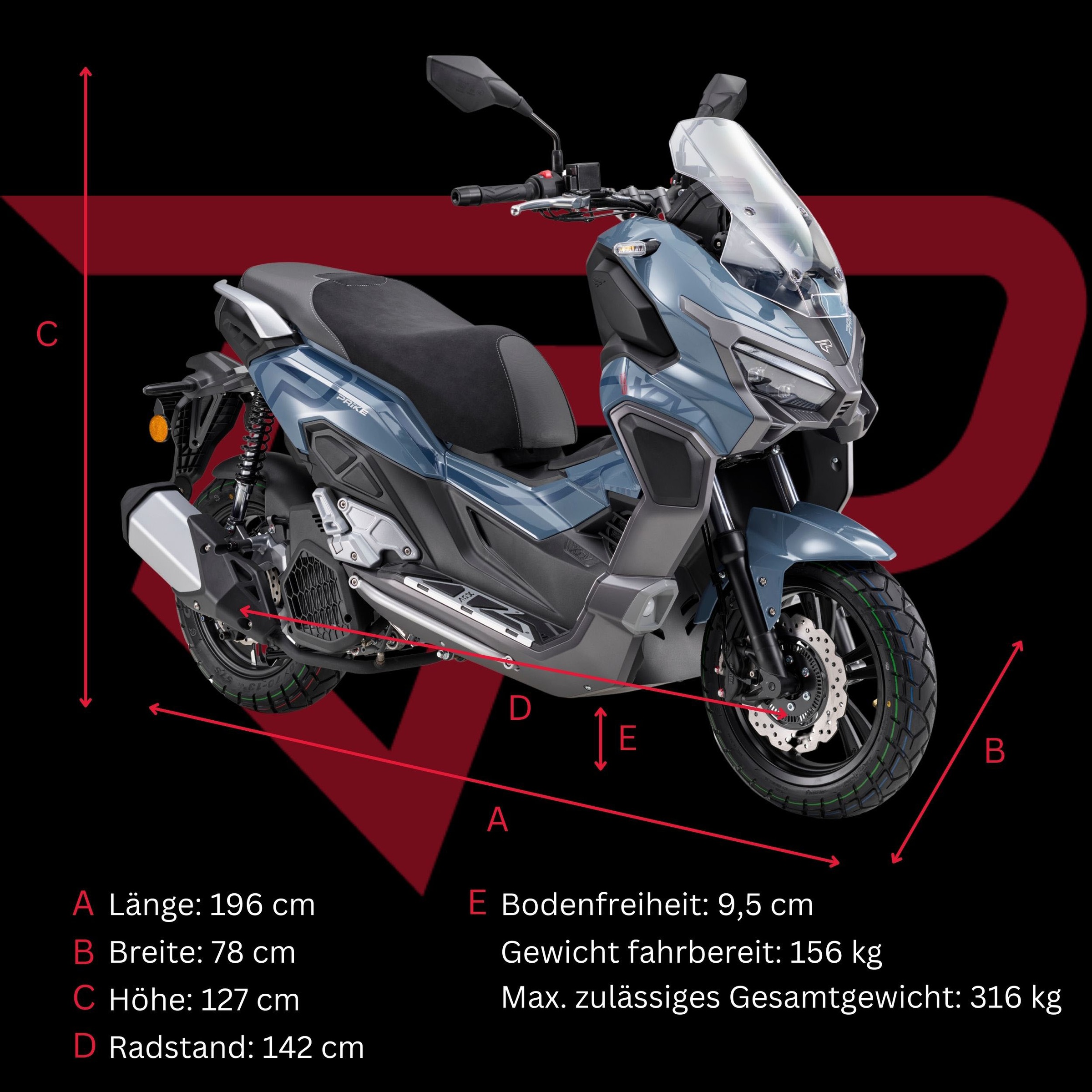 PRIKE Motorroller »PRIKE XDV 125, E5+, Adventure, ADV Roller«, 125 cm³, 95 km/h, Euro 5+, 11,4 PS, ABS, Windschutz, Heizgriffe, USB, EFI, digitales Display