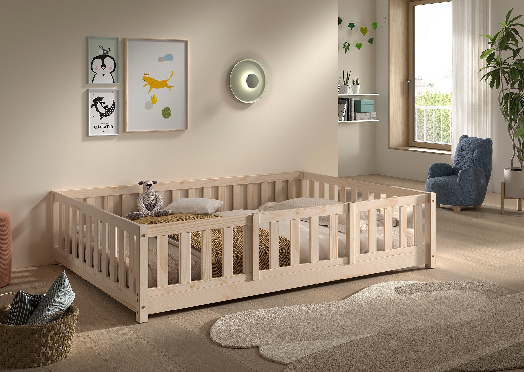 Vipack Kinderbett »Dallas, massiv Bett, Rausfallschutz, umbaubar vom Boden- zum Daybett« inkl. Rolllattenrost und Sprossenumrandung, 90 oder 140x200 cm breit,  stabil und standfest gebaut, wahlweise Kiefer massiv natur oder weiß