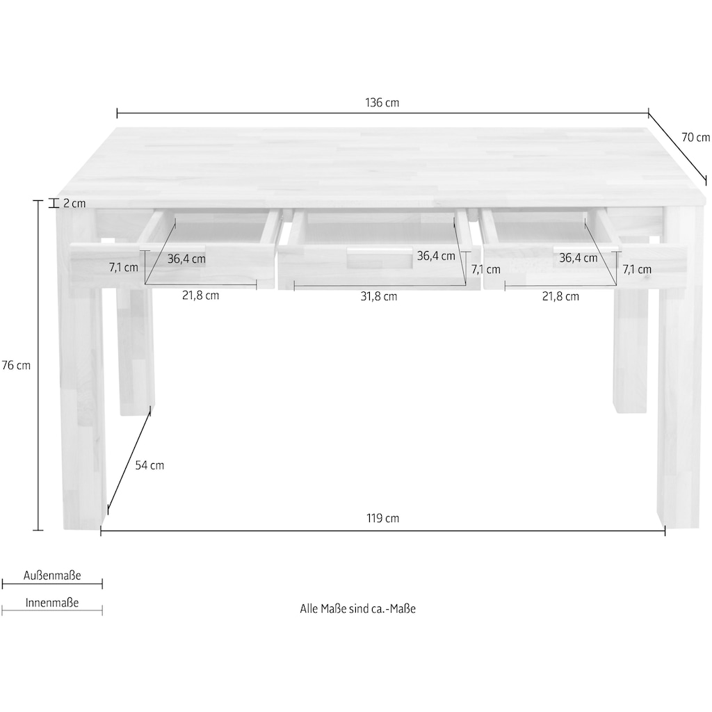 Home affaire Schreibtisch »Robi«, aus massiv geölter Buche, keilverzinkte Tischplatten, mit 3 Schubladen