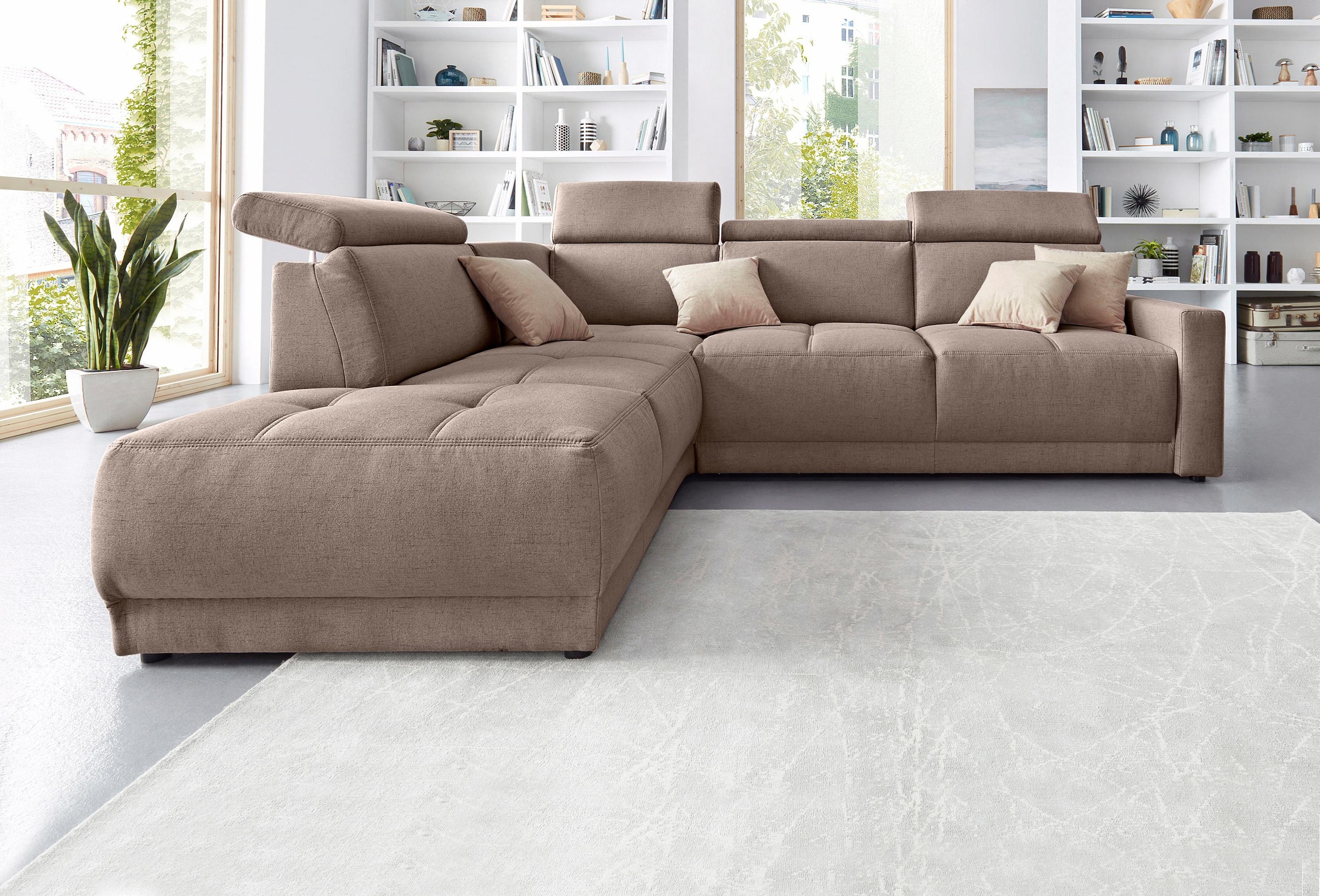 DOMO collection Ecksofa »Ava, moderne Sitzheftung mit toller Doppelnaht, komfortabel, L-Form«, mit Ottomane, inkl. Federkern, wahlweise mit Kopfteilverstellungen