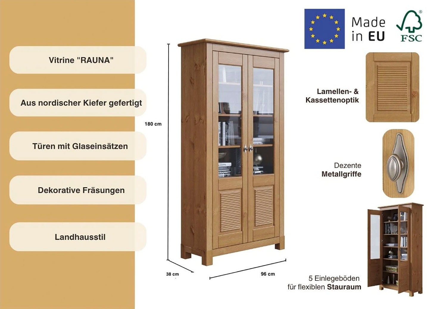 Home affaire Vitrine »Rauna«, Aus massiver Kiefer, Türen mit Glaseinsätzen