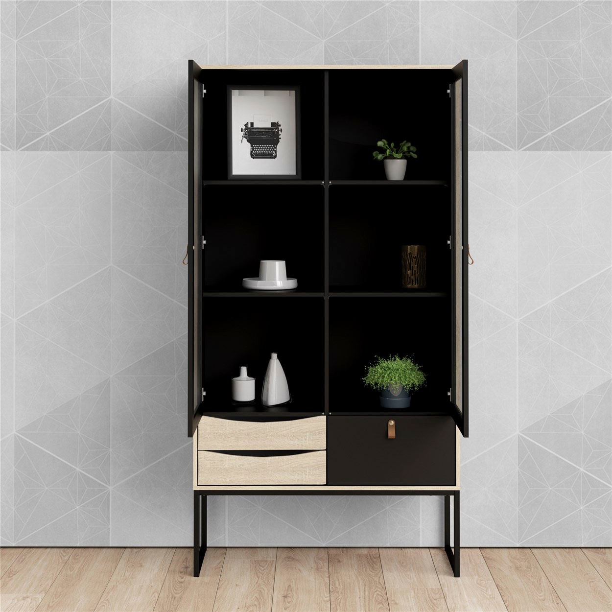 andas Vitrine »Stubbe«, Glasvitrine mit zwei Rahmentüren, 3 Schubkästen, Leder-Griffe