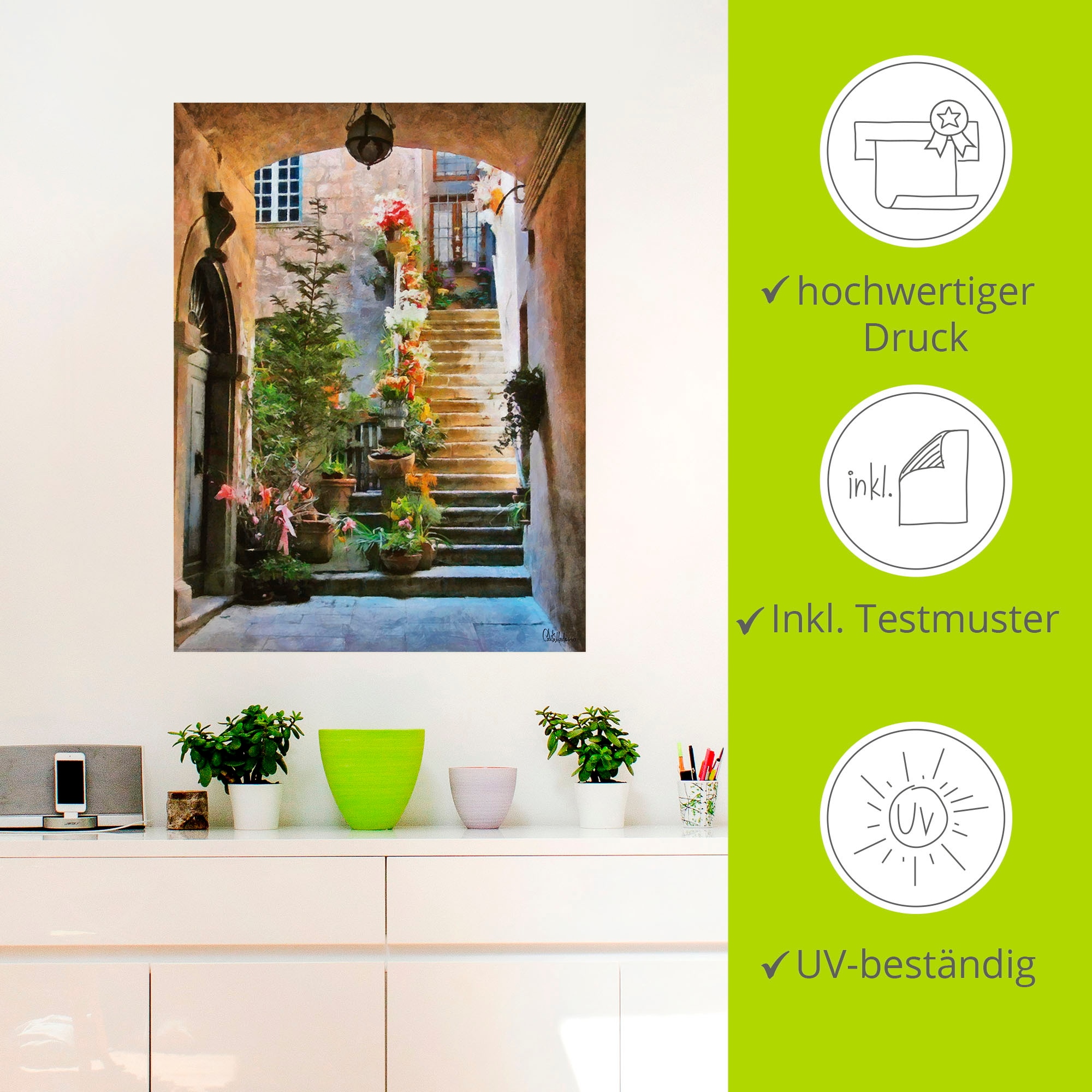Artland Wandbild »Treppe mit Blumen«, Elemente der Architektur, (1 St.), als Leinwandbild, Wandaufkleber in verschied. Größen