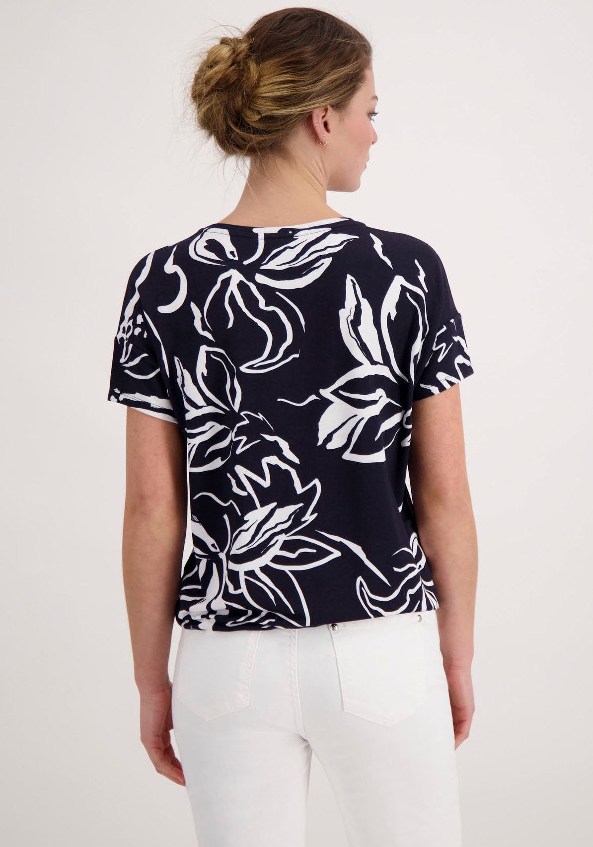 Monari Rundhalsshirt, online kaufen und mit Glitzerschrift Blumendruck
