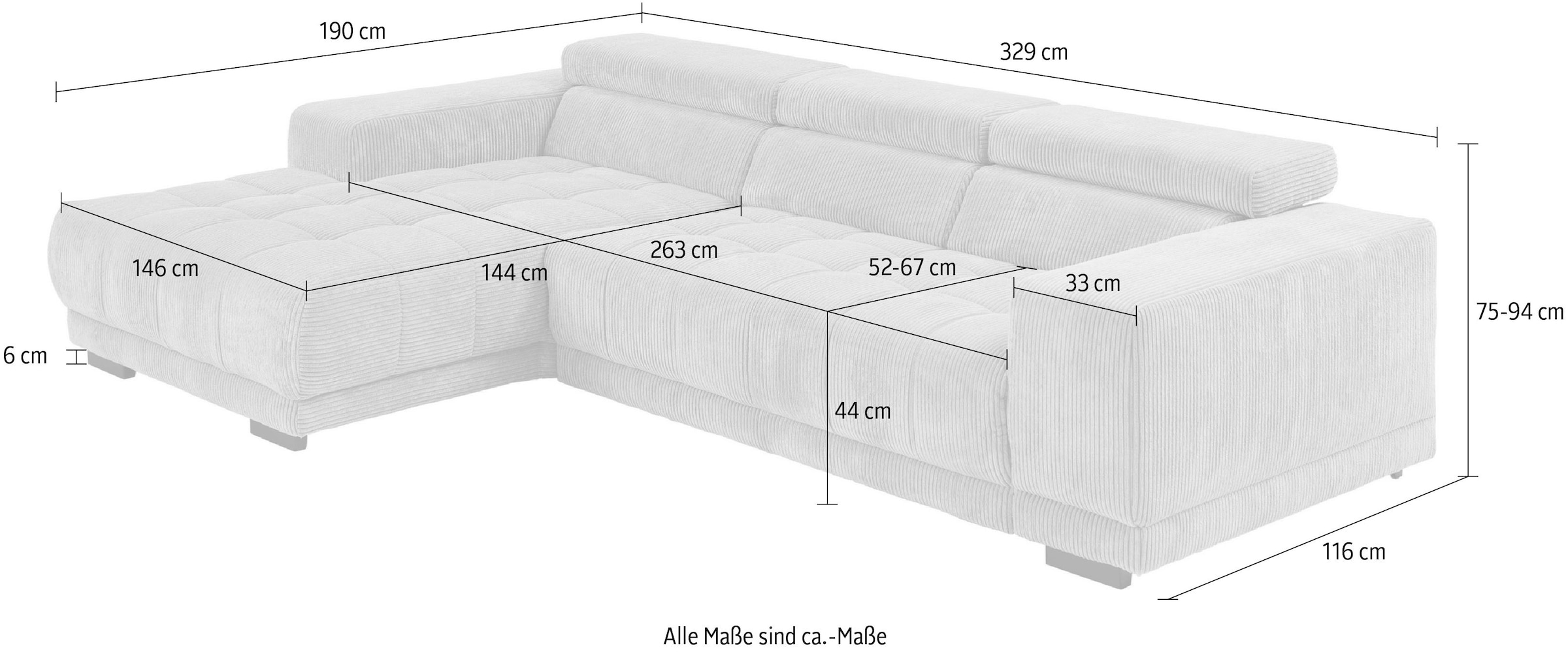 Die PlanBar Ecksofa »MP-IN15053 L-Form schmaler Schenkel« mit Kopfteilverstellung, wahlweise mit manueller Vorziehbank
