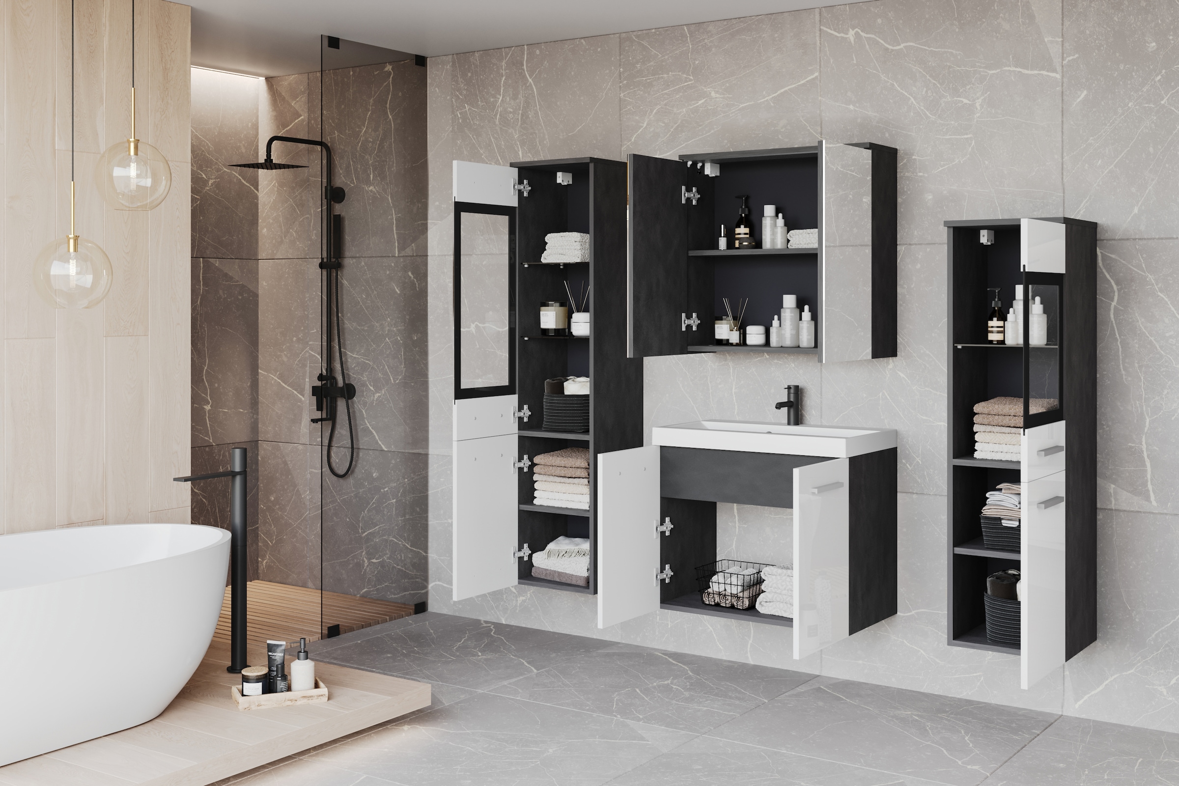 welltime Badmöbel-Set »MADRIT II, Schrank mit Waschbecken, 2 Hänger, Spiegelschrank«, (Komplett-Set, 5 St.), Hängende Badmöbel mit Glaseinsätzen – in vielen Farben erhältlich