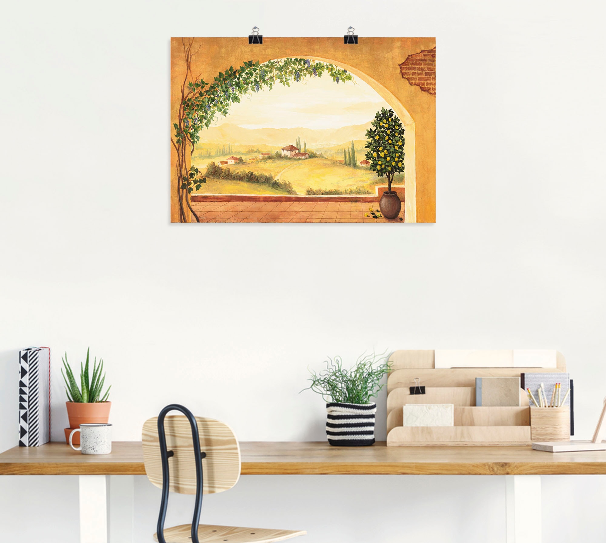 Artland Wandbild »Weinranken vor der Toskanalandschaft«, Fensterblick, (1 St.), als Leinwandbild, Poster in verschied. Größen