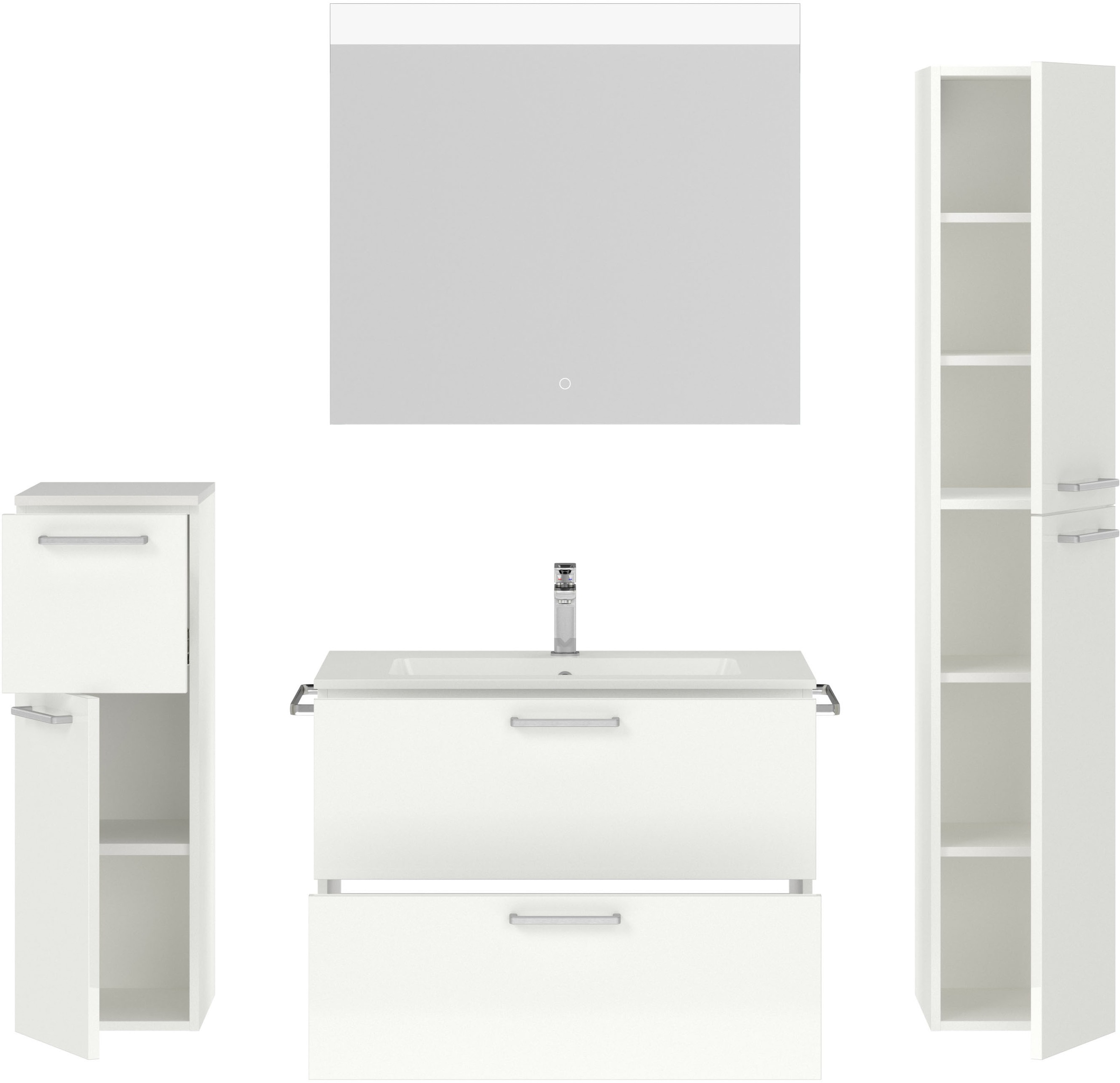 nobilia® Badmöbel-Set »Tolvina«, (4 St., vormontiert, mit Soft-Close), Hochglanz, inkl. Spiegel mit Touch-Sensor, in vier Breiten