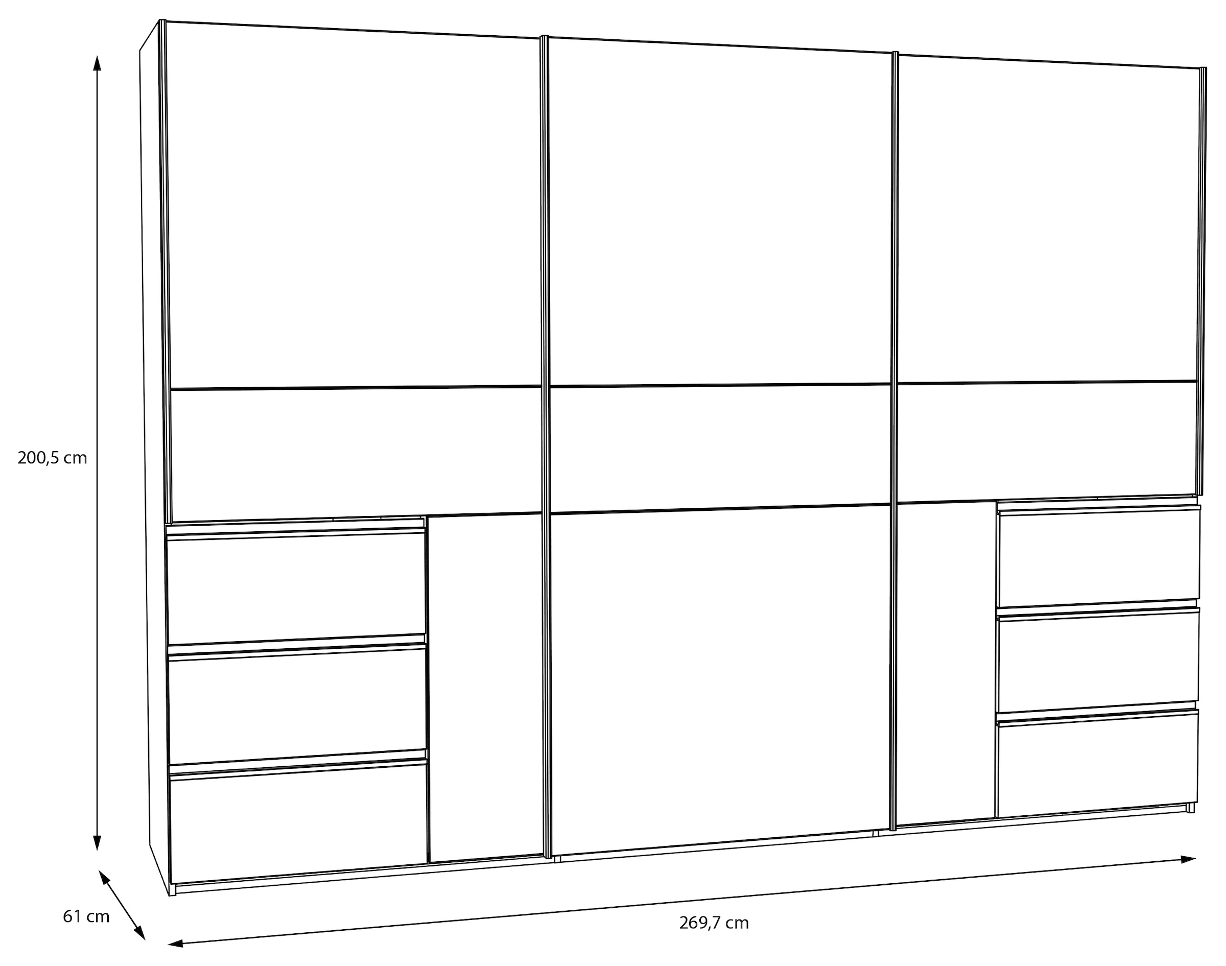 FORTE Schwebetürenschrank, (B/H/T ca. 269,7x200,5x61cm), Schwebetürenschrank, Stauraum, 6 Schubkästen, erhältlich in 2 Dekoren