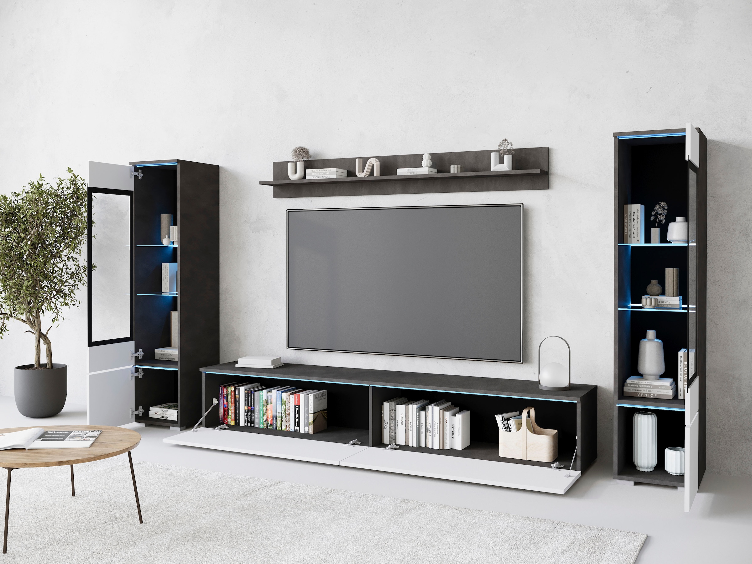 INOSIGN Wohnwand »VERA II, Vitrinen Türanschlag wechselbar«, (Komplett-Set, 4 St.), Mediawand 260 cm, Vitrine mit Verglasung, stehend und hängend