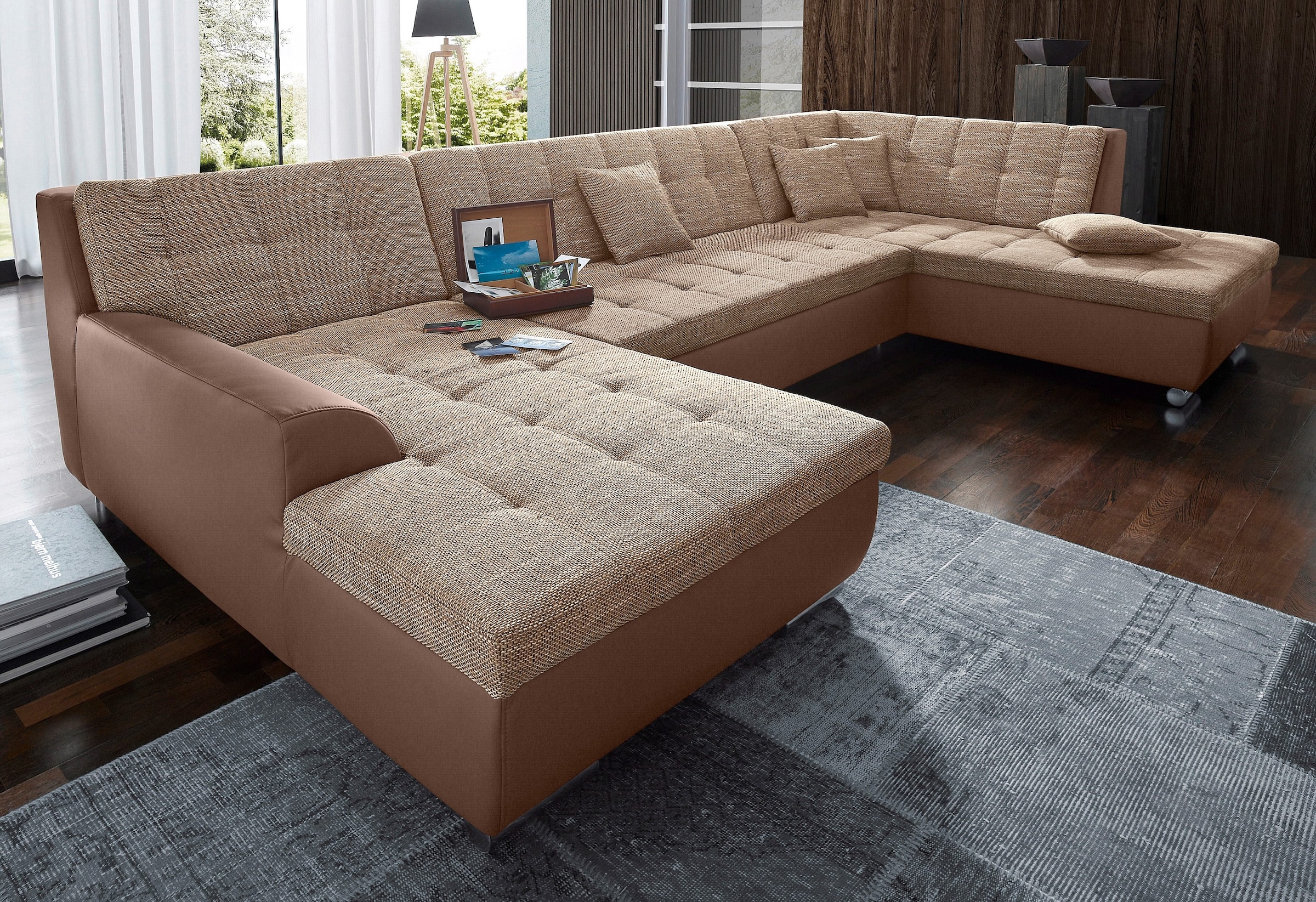 DOMO collection Wohnlandschaft »Treviso incl. Zierkissen, moderne Steppung, XXL: B/T/H: 364/201/83 cm«, wahlweise mit Bettfunktion, in vielen Bezugsarten auch in Cord U-Form