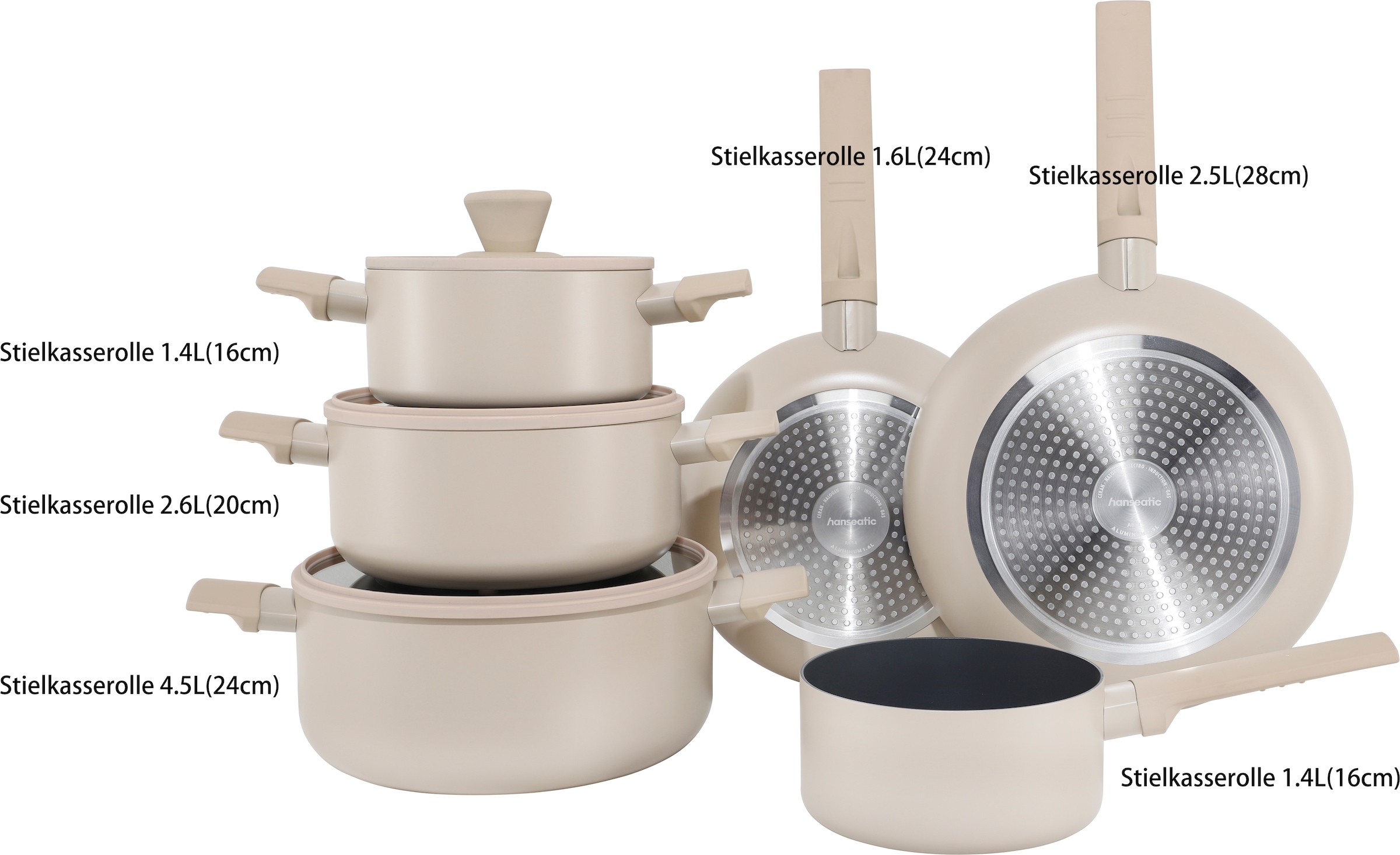 Hanseatic Topf-Set »ALU SCANDI, mit Antihaftbeschichtung« Set, Stielkasserolle 16 cm, Kochtopf 16/20/24 cm, Bratpfanne 24/28 cm, 9 tlg. Aluminium