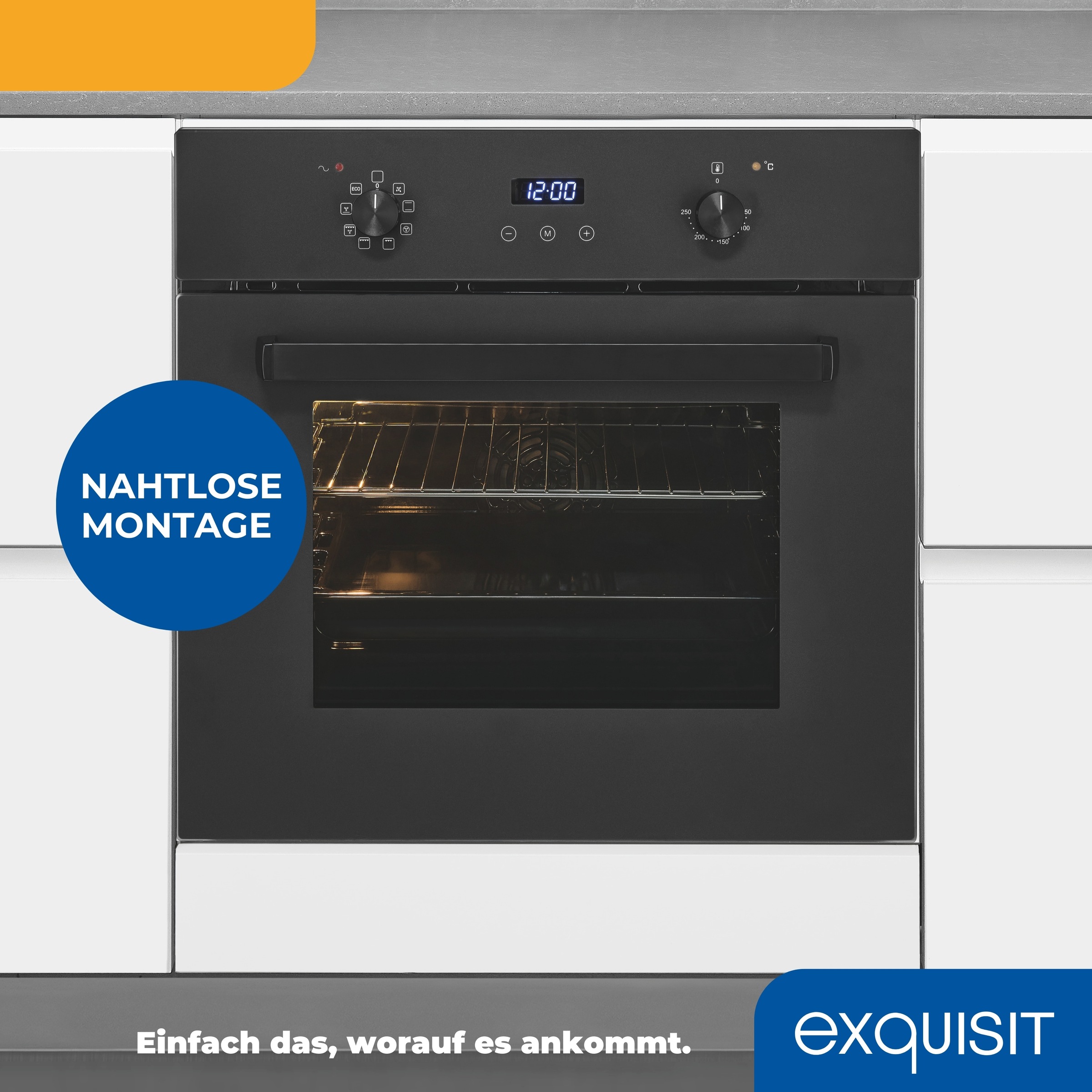 exquisit Einbaubackofen »EBE367-H-120 mattschwarz« Heißluft & dreifach verglaste Tür – Wärme bleibt sicher im Ofen!