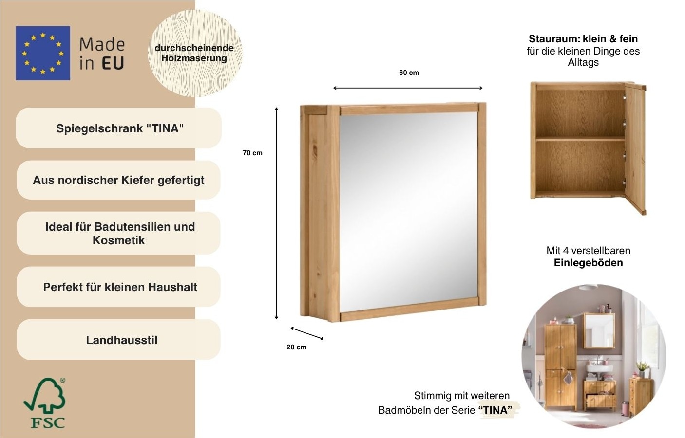 Home affaire Spiegelschrank »Tina« Badmöbel,  Spiegel, Breite 61,5 cm, Massivholz