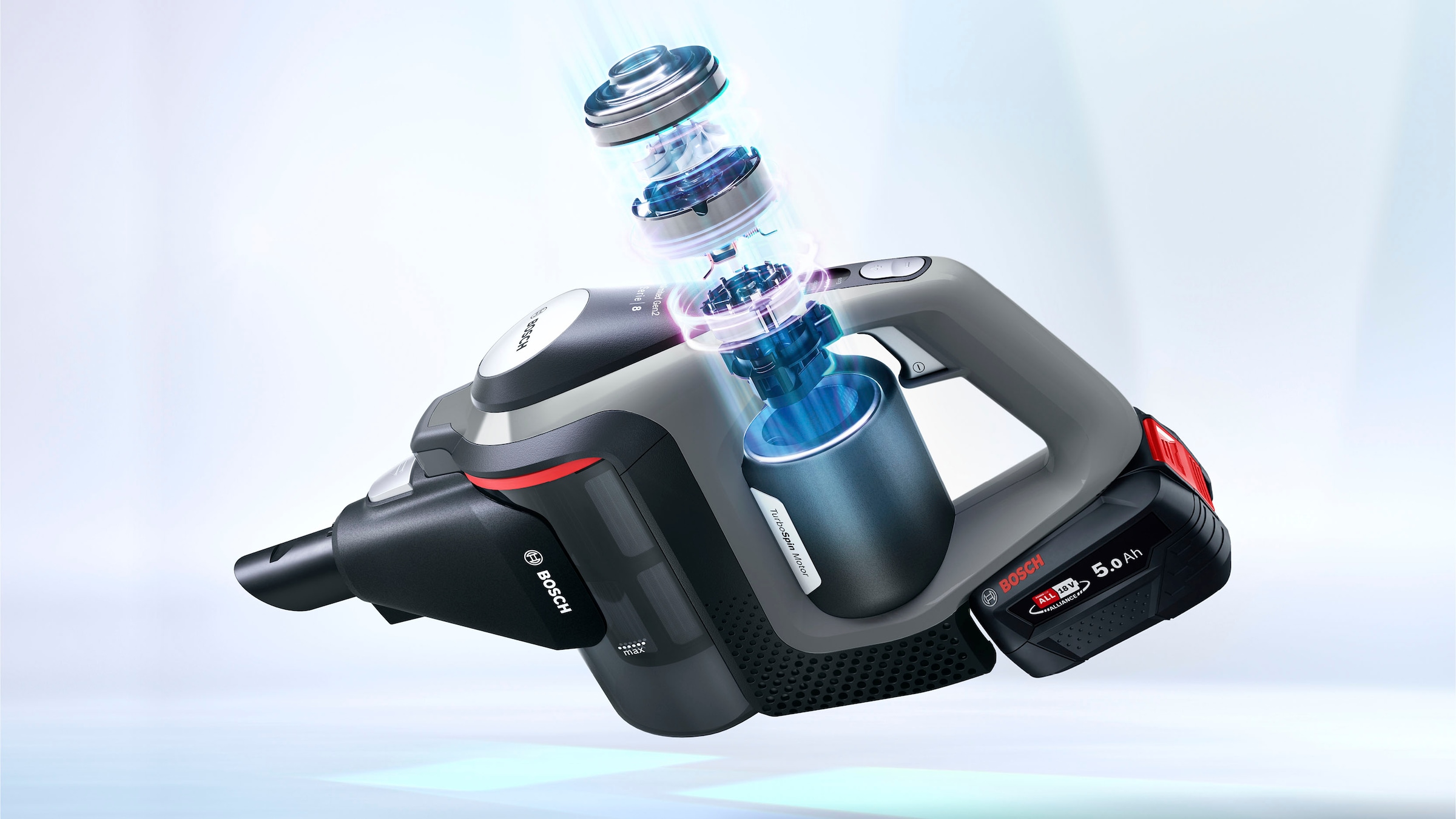 BOSCH Akku-Stielstaubsauger »Unlimited 8 Gen2 BSS825MULT, HEPA-Filtersystem, 10 Jahre Motorgarantie«, 5 Ah Akku, lange Laufzeit, Schnellladegerät, Hartboden-Softdüse, grau