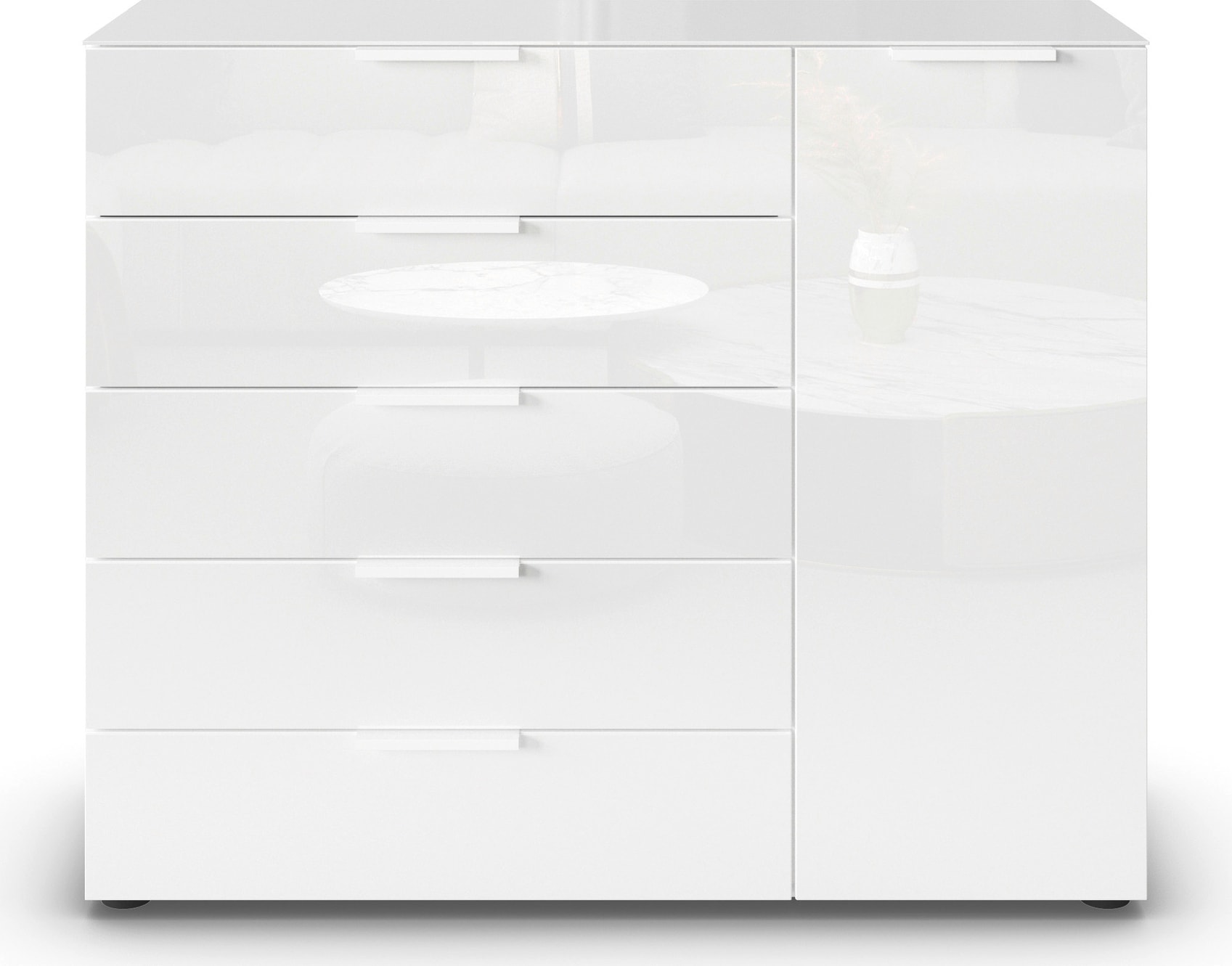 rauch Schubkastenkommode »Kommode Türkommode Sideboard Kombikommode FLIPP mit Glasfront«, (Breite 120 cm mit 2 Einlegeböden), 1-türig, 5 Schubladen, Soft-Close-Funktion, Oberboden und Front Glas