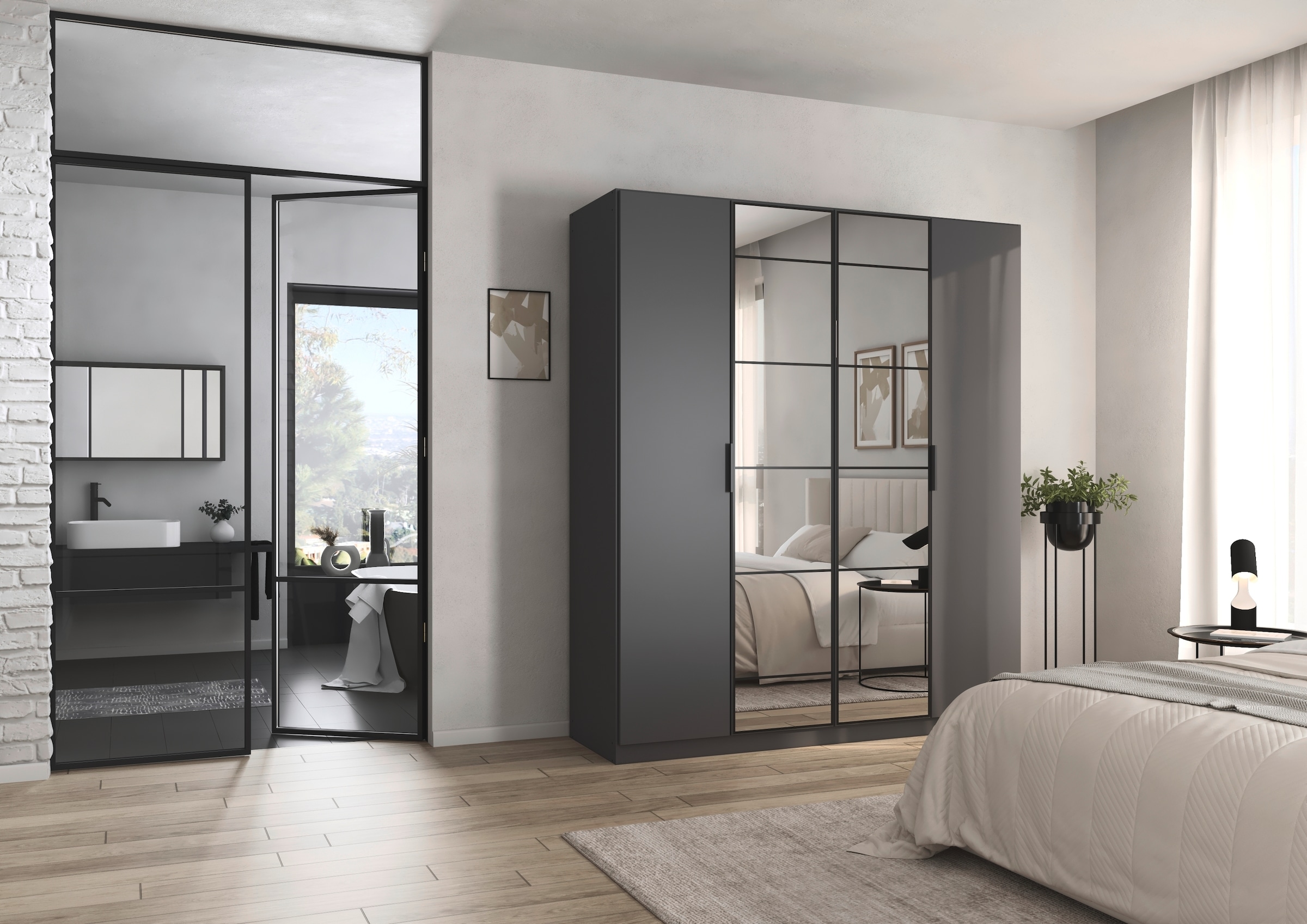 rauch Drehtürenschrank »Kleiderschrank Schrank Garderobe Schlafzimmerschrank ACERO«, Mitteltüren mit Spiegel in moderner Loft-Optik MADE IN GERMANY
